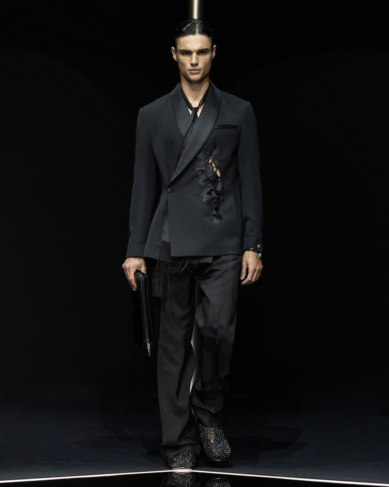 Shawl-collar jacket with a wrap fastening in a compact virgin-wool gabardine with ginkgo embroidery  - 2