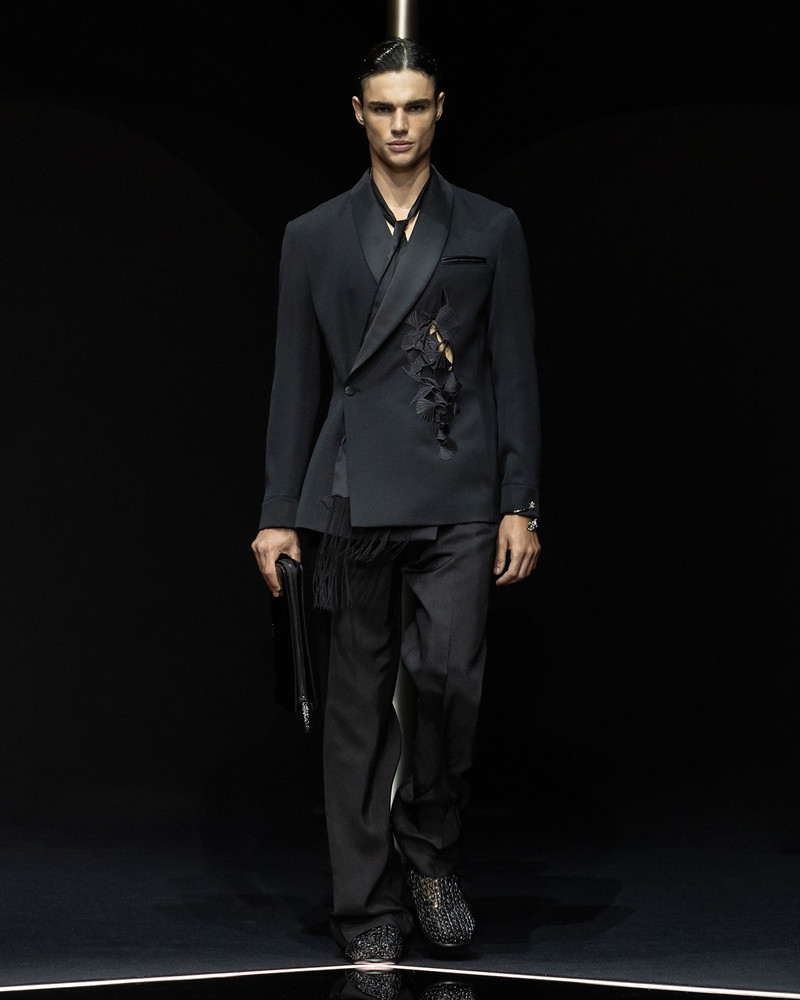 EMPORIO ARMANI Shawl-collar jacket with a wrap fastening in a compact virgin-wool gabardine with ginkgo embroidery  outlook