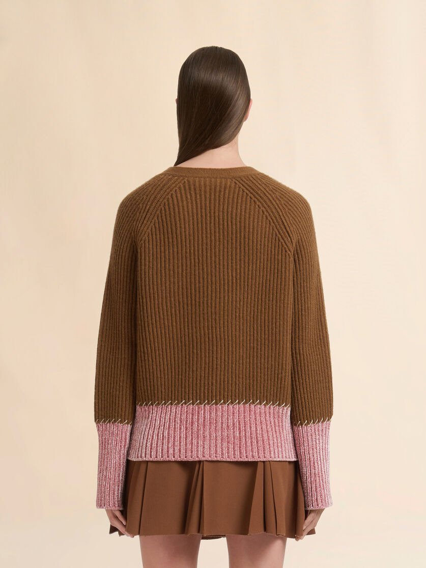 BROWN WOOL COLOR-BLOCK CARDIGAN - 3