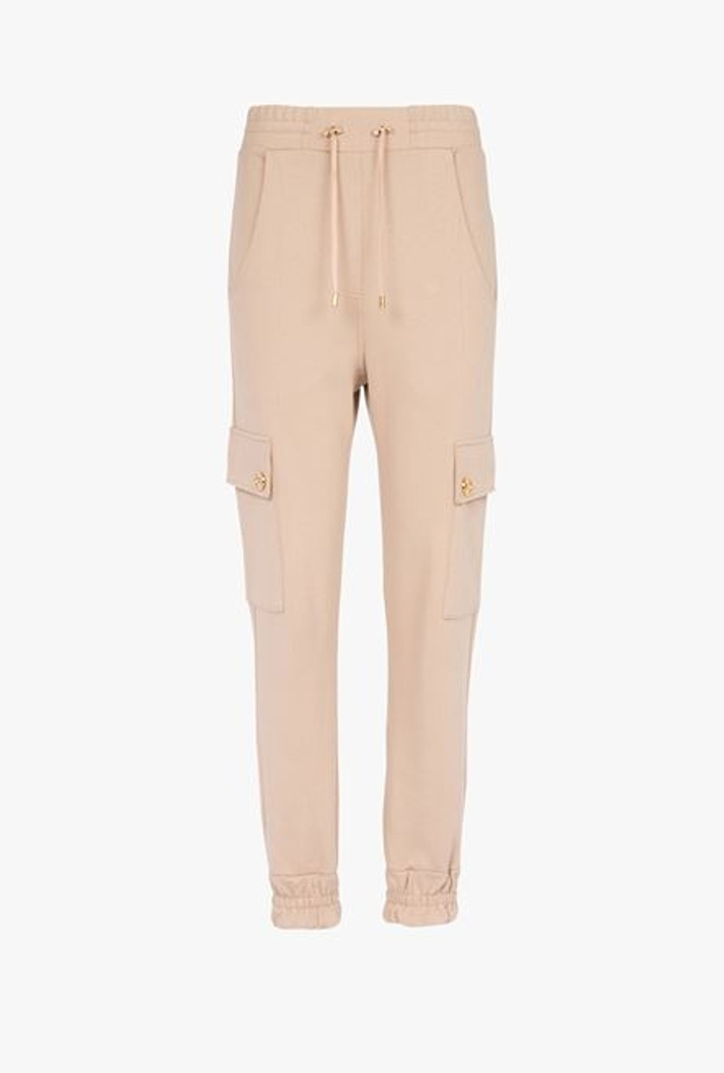 Sand-colored eco-designed cotton cargo sweatpants 1