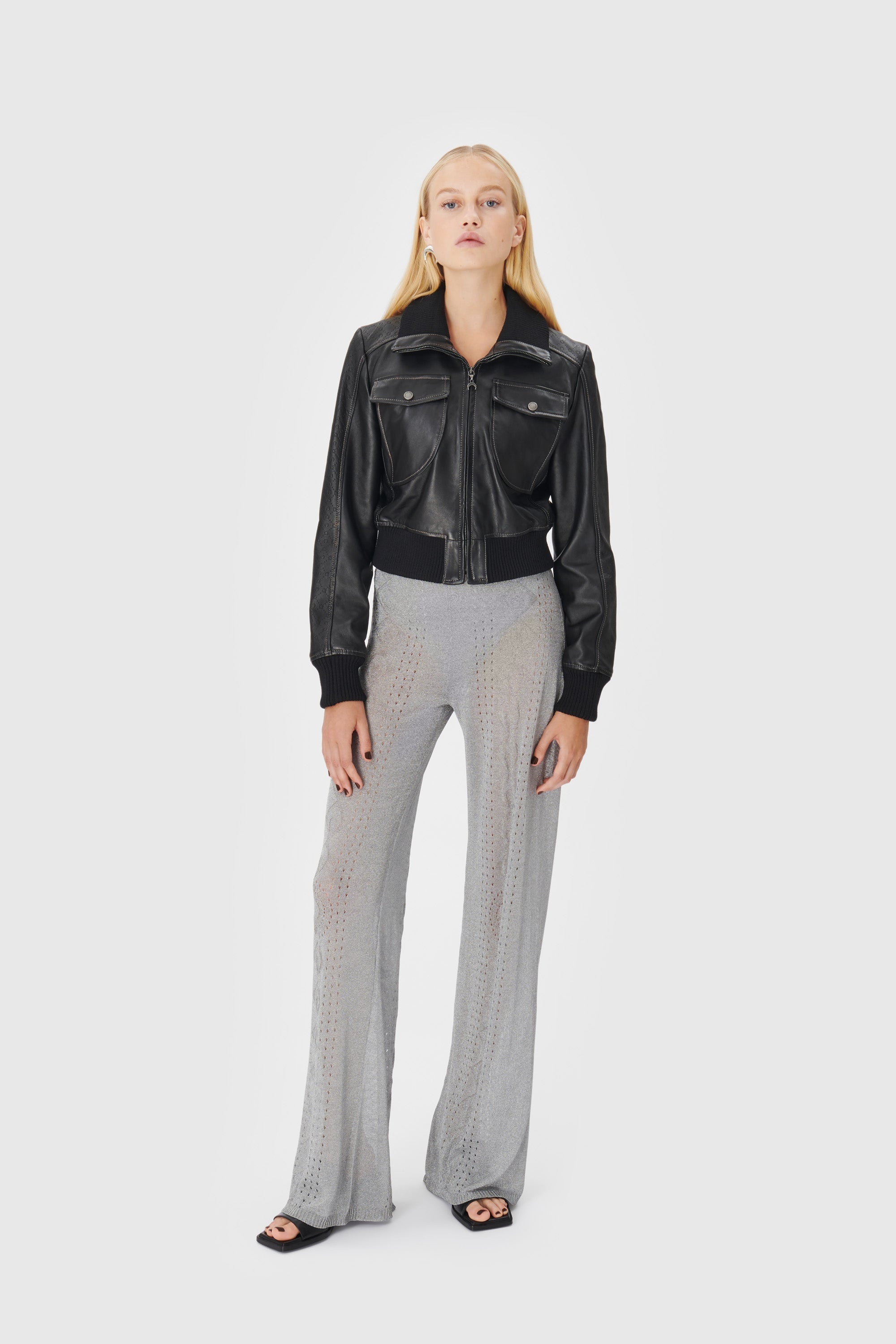 Metallic Pointelle Knit Flare Pants - 2