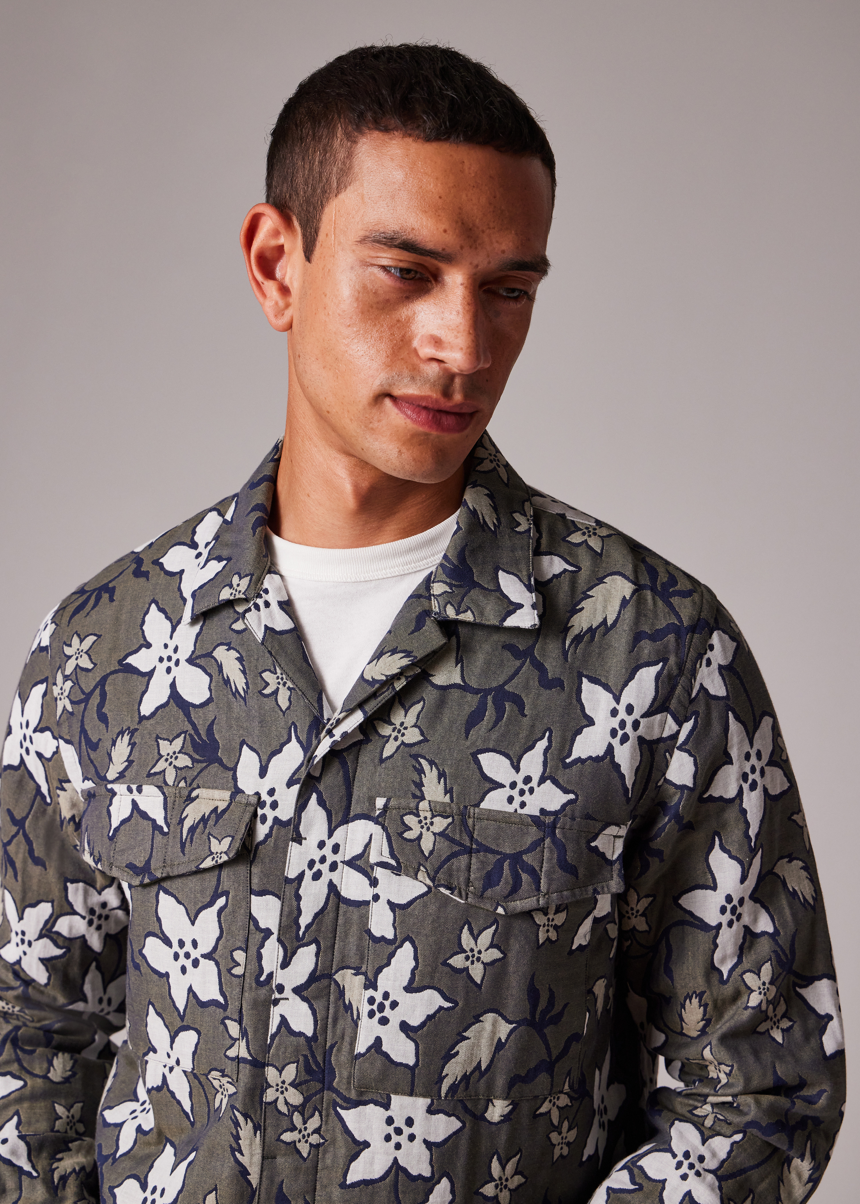 Khaki Floral Double-Face Cotton Shirt - 3