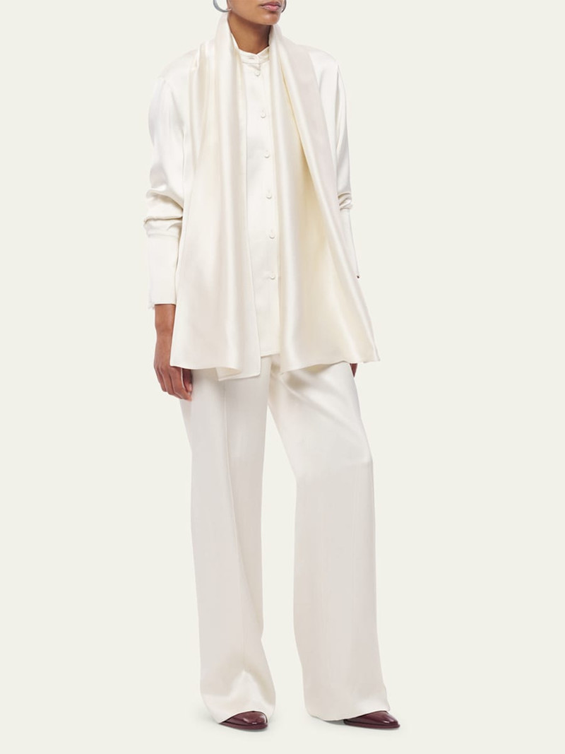 Another Tomorrow Band Collar Button Down Blouse with Scarf outlook