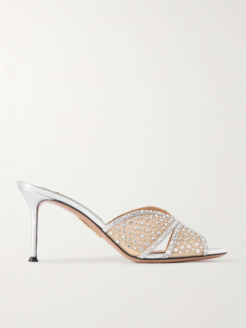 Crystal Lover 75 crystal-embellished leather-trimmed tulle sandals Silver - 1