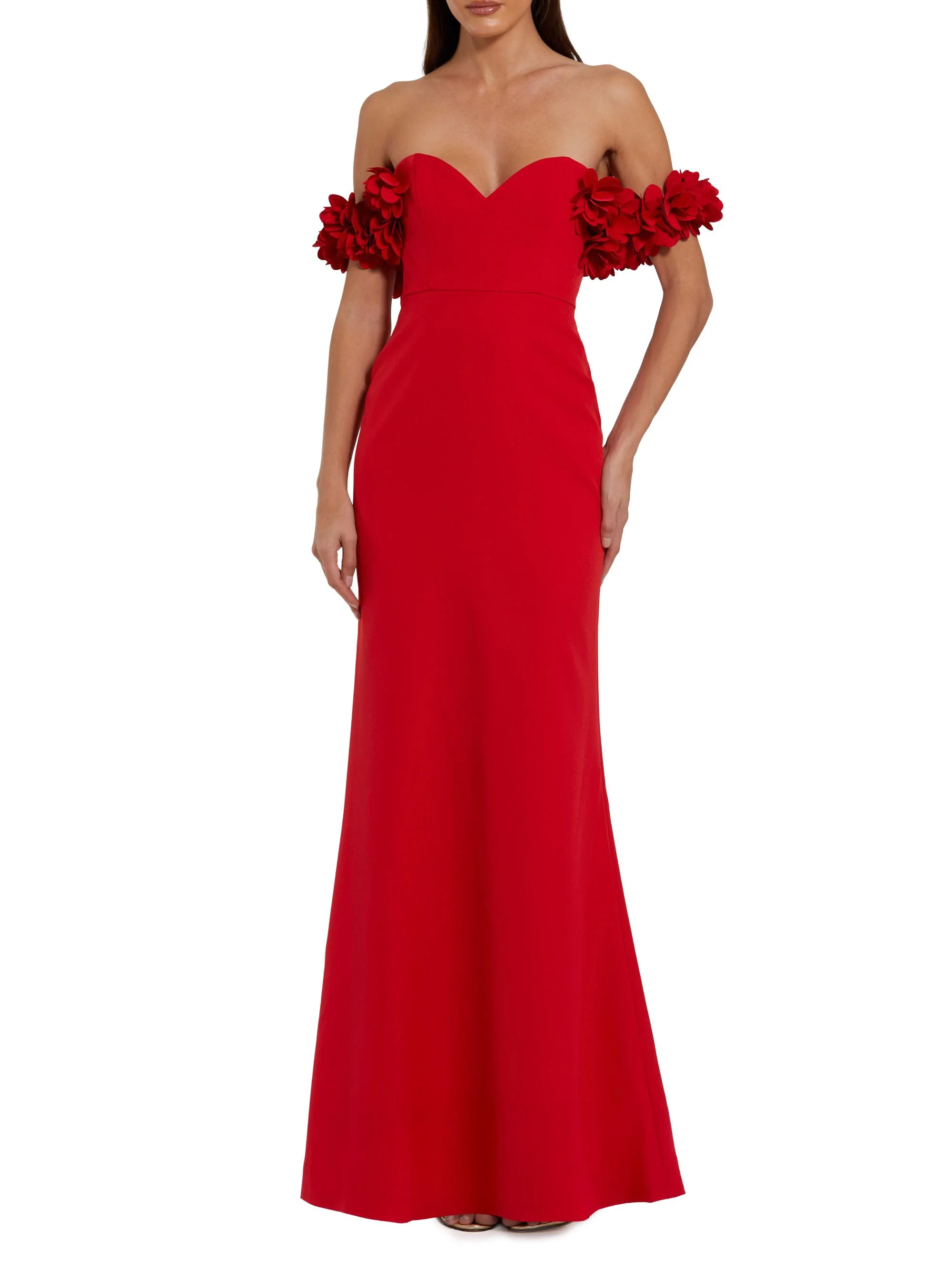 Women's Crepe 3D Flower Off-The-Shoulder Gown - Red - 1