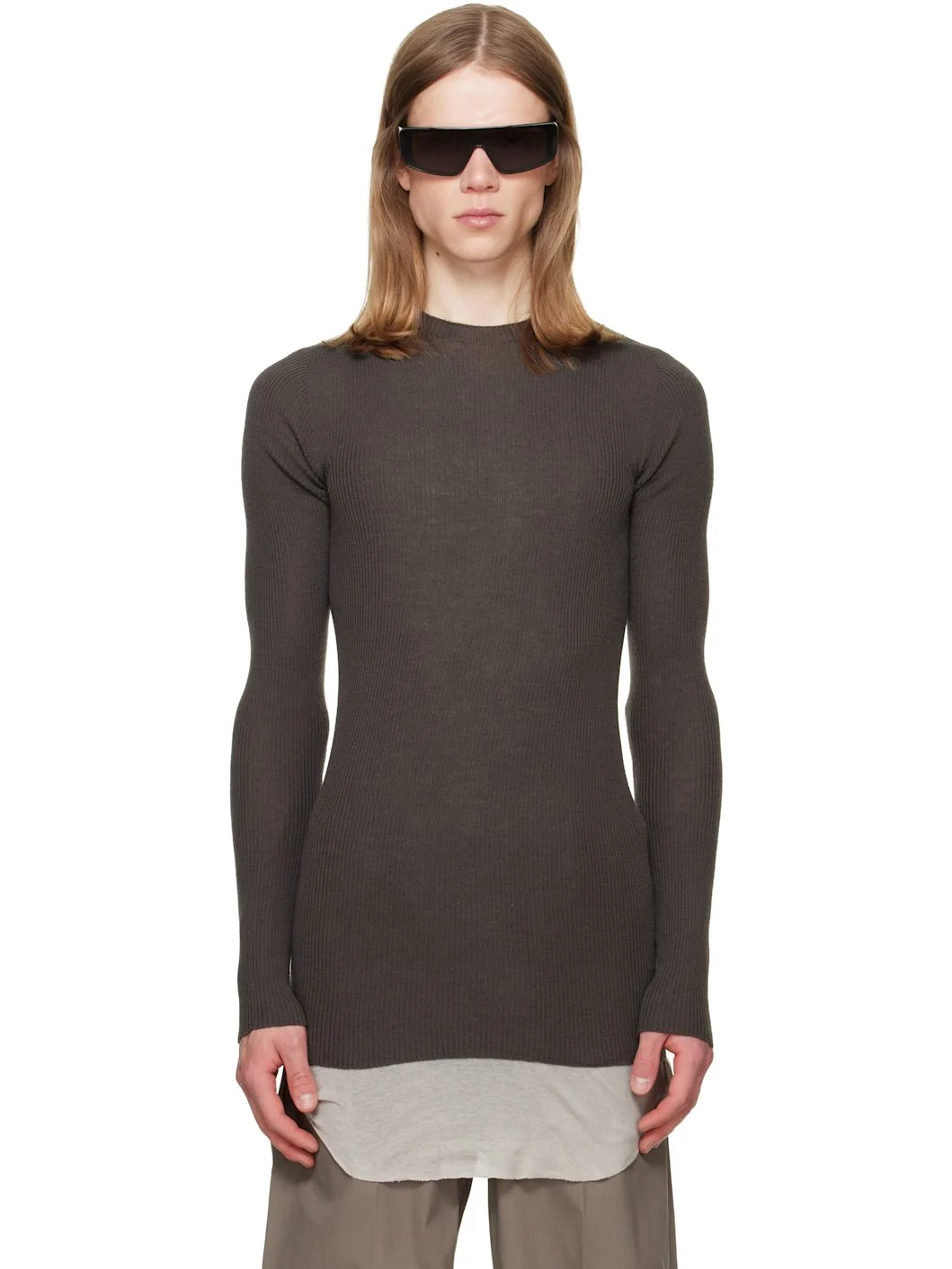 Gray Tower Ribbed Round Neck Sweater - 1