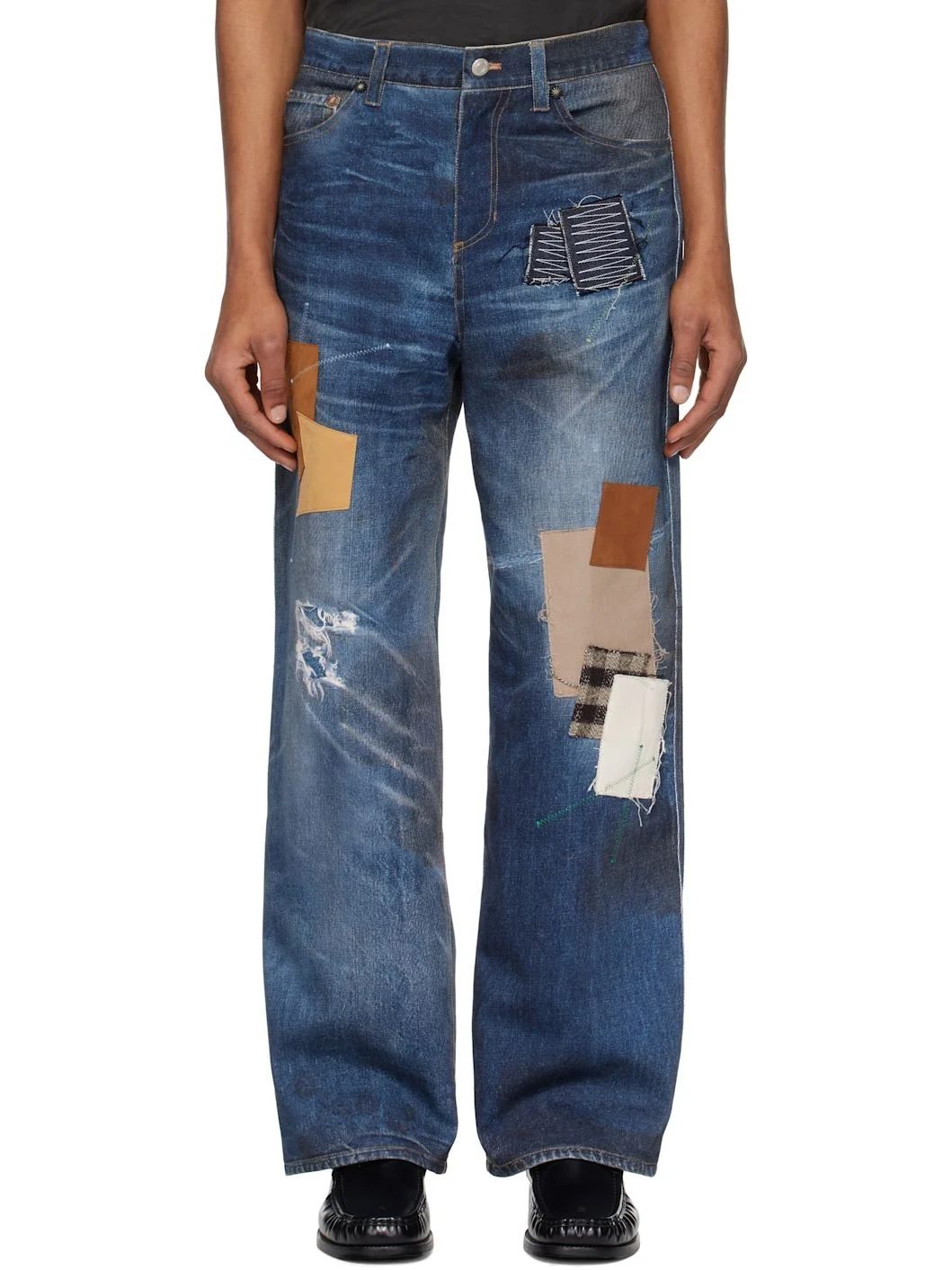 Navy Patchwork Printed Denim Trompe L'oeil Jeans - 1