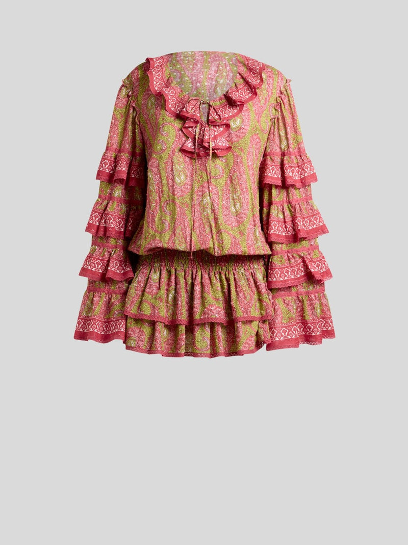 MINI DRESS IN COTTON DOTTED SWISS WITH RUFFLES AND PAISLEY FOLIAGE MOTIF 1