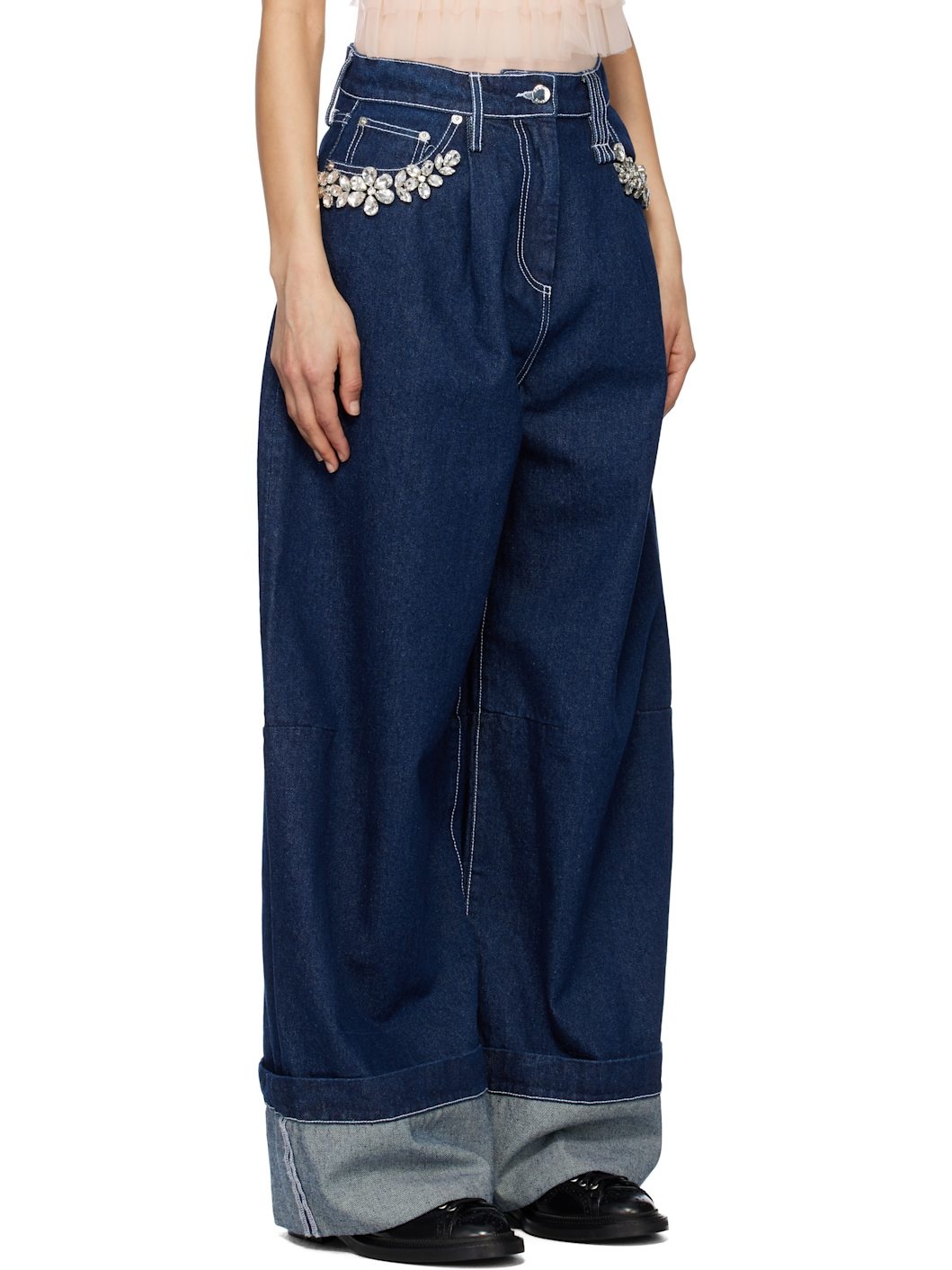 Navy Turbo Embellished Puddle Jeans - 2