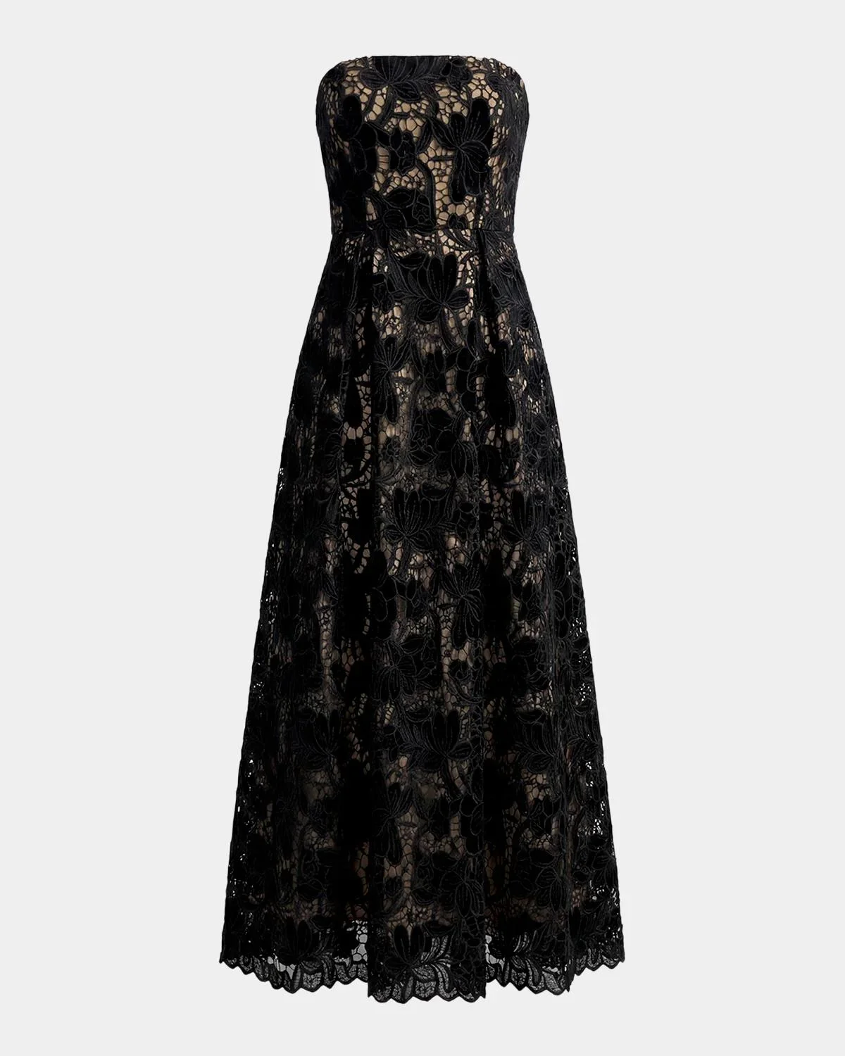 Velvet Floral Lace Strapless Midi Dress - 1