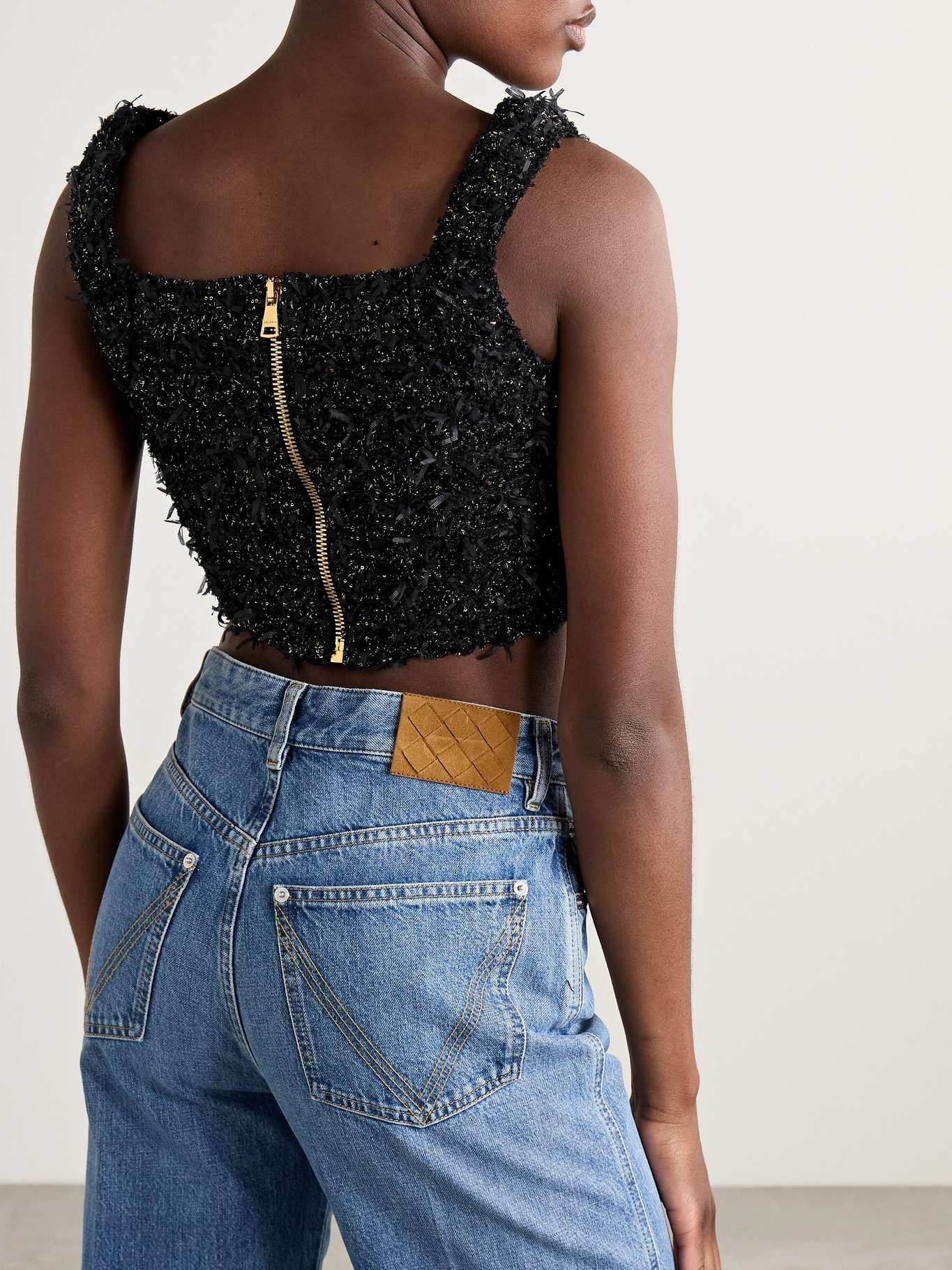 Cropped button-embellished sequined metallic bouclé-tweed top Black - 4