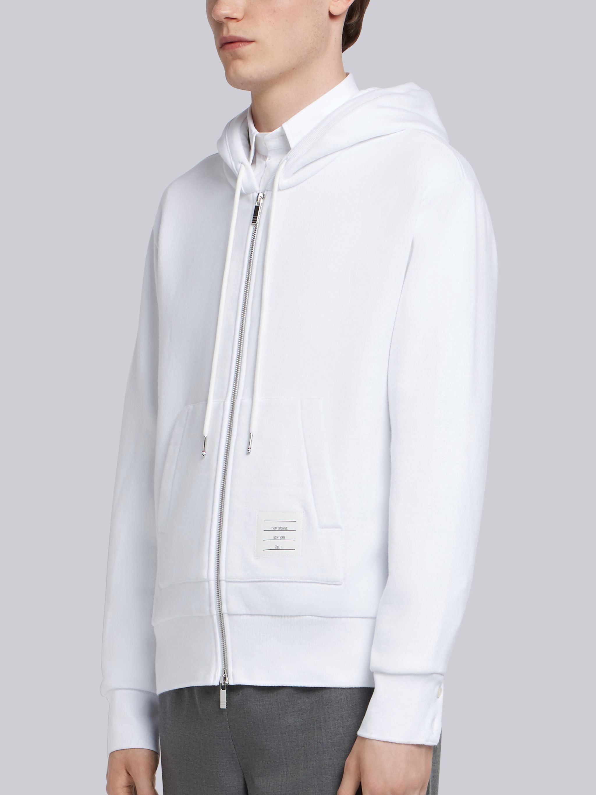 White Cotton Loopback Center Back Stripe Zip-up Hoodie - 3