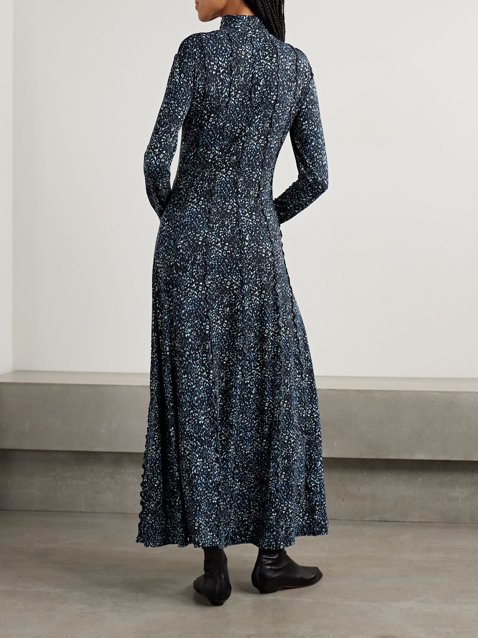 Mabel ruffled cheetah-print jersey turtleneck maxi dress Navy - 3