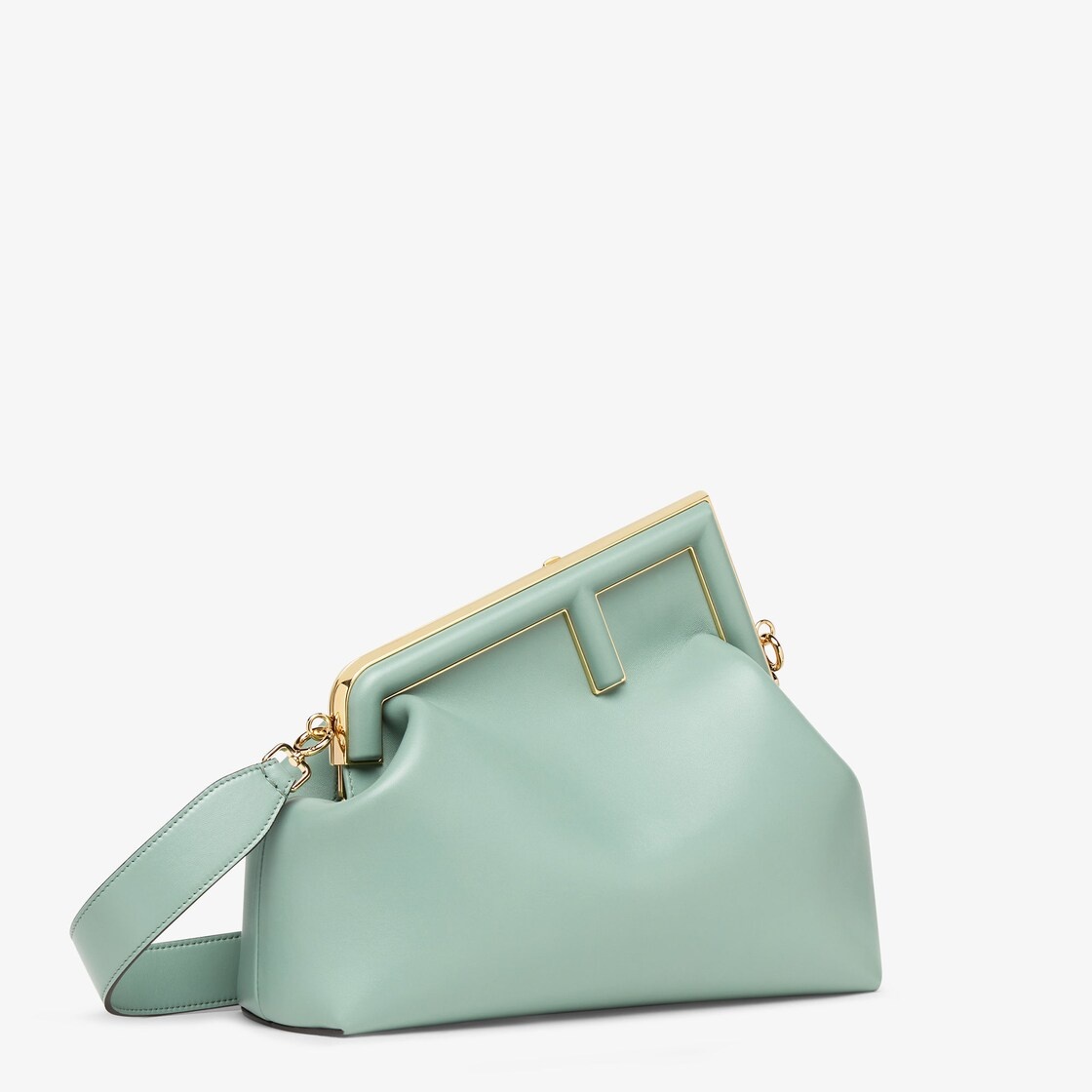 Medium Fendi First bag made of soft, mint green nappa leather with an oversized metal F clasp bound  - 2