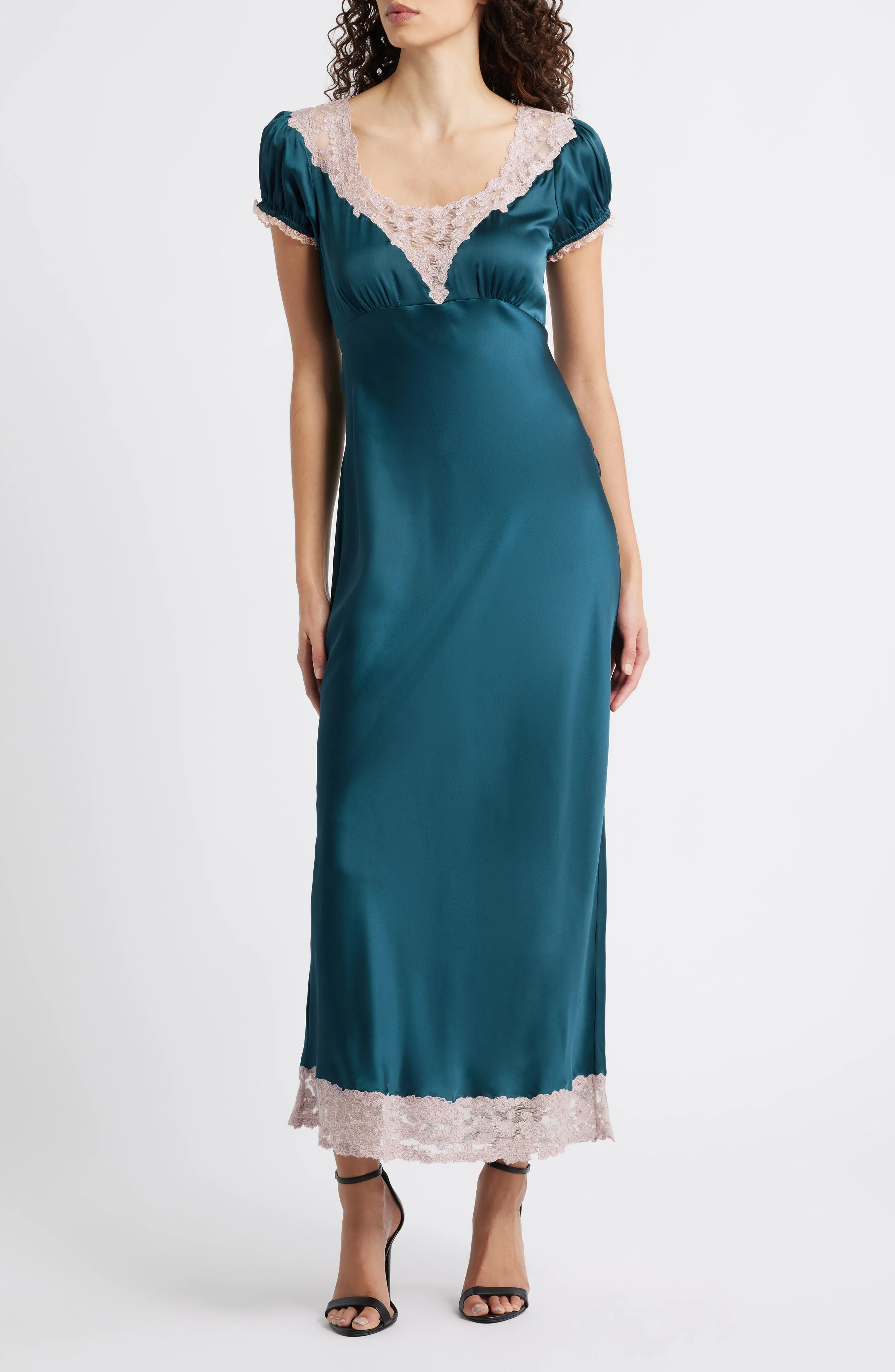LoveShackFancy Taylis Lace Satin Maxi Dress in Emerald Green at Nordstrom - 1
