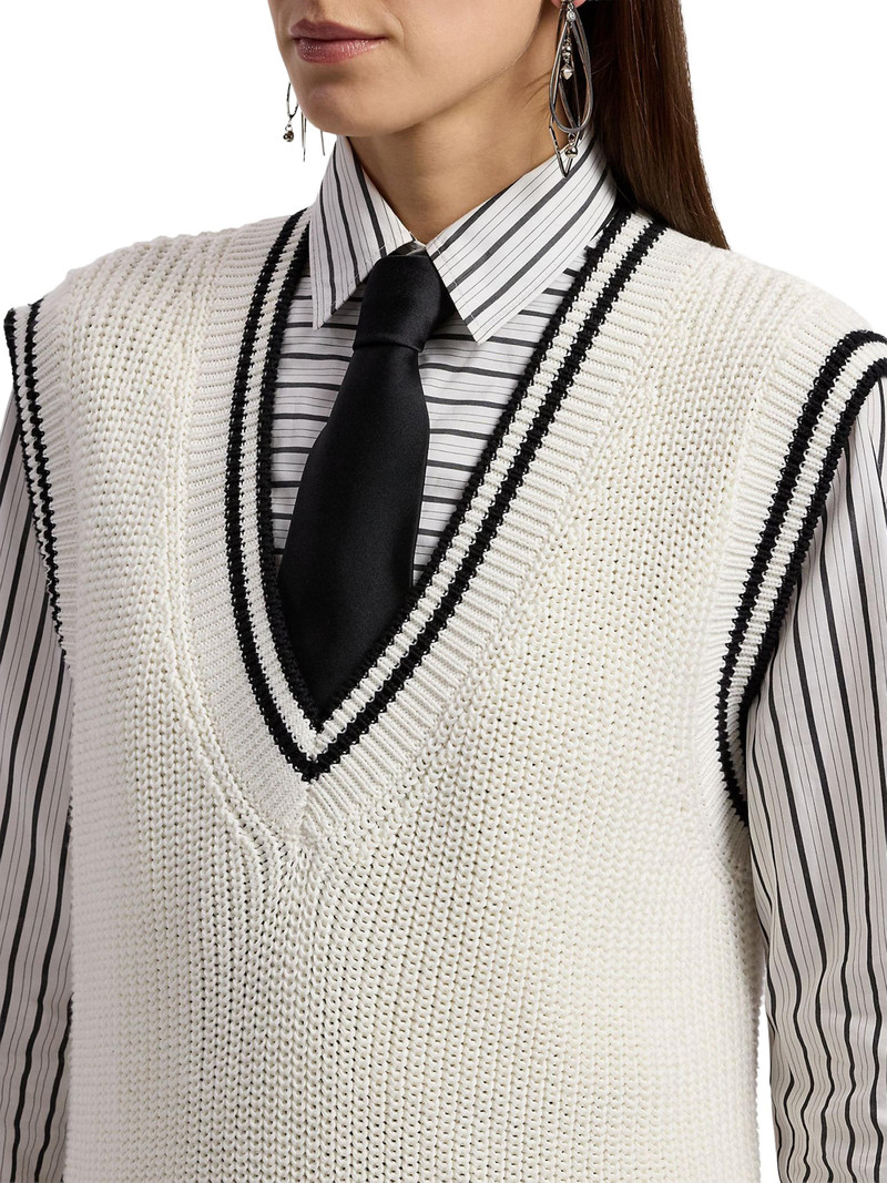 Women's Cotton-Silk Oversized Sweater Vest - Lux Cream Black 6