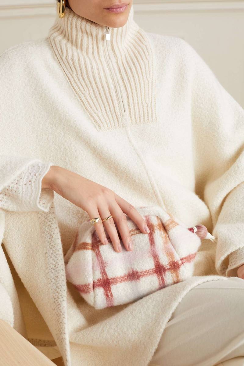 Loro Piana Puffy leather-trimmed checked cashmere and silk-blend pouch outlook