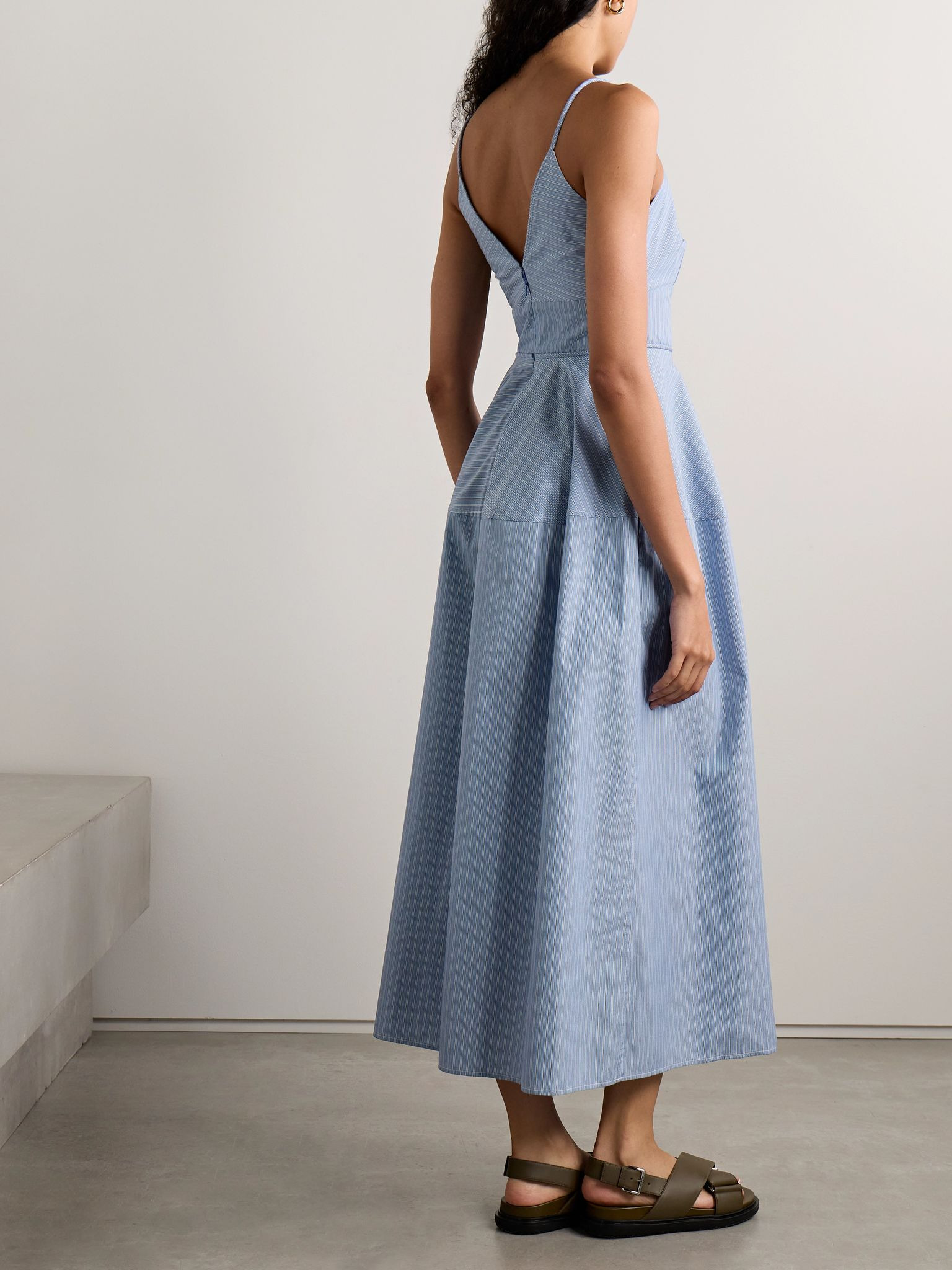 Basque striped cotton-poplin midi dress Blue - 3