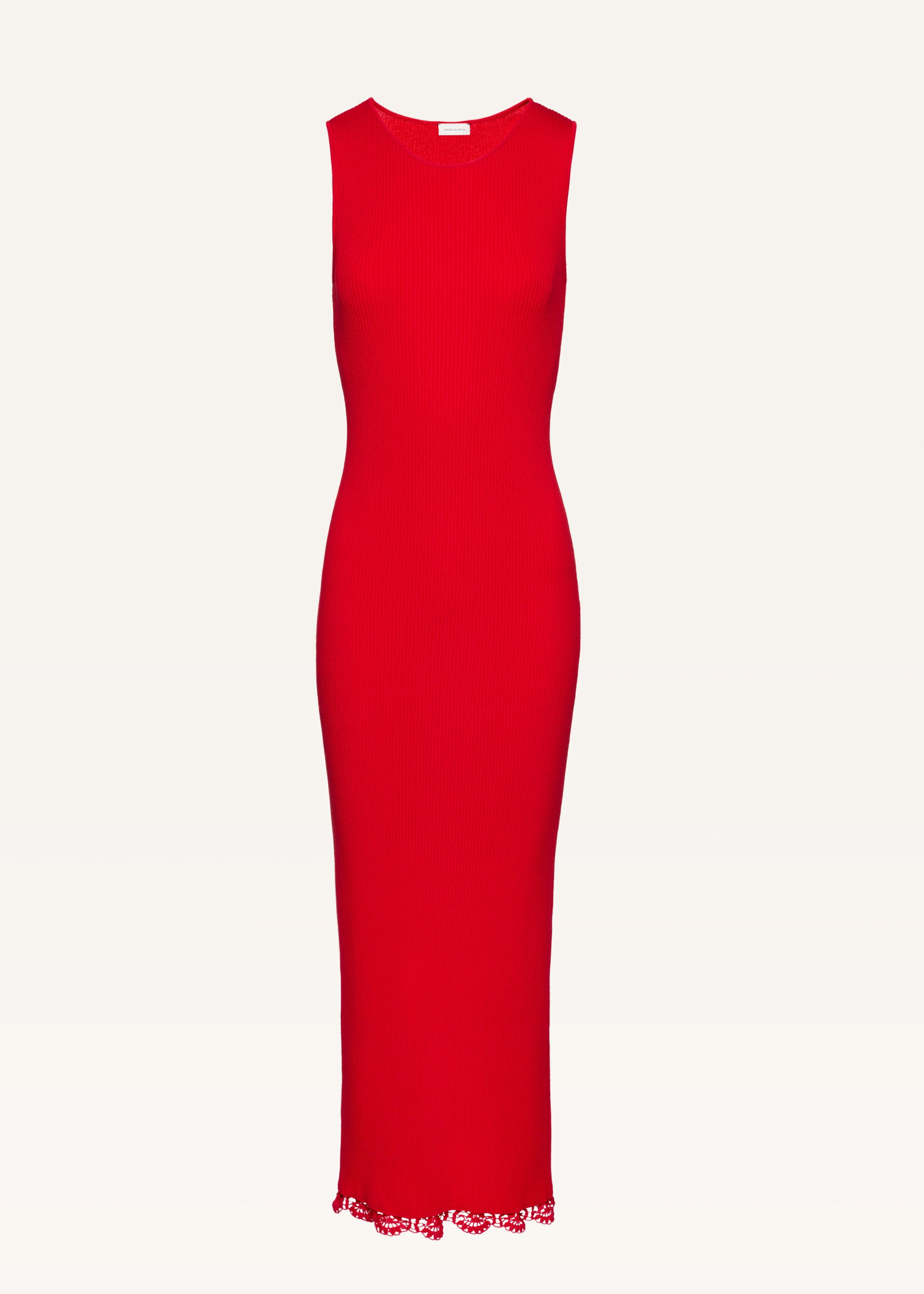 Lace detail ribbed knit maxi dress in red - 1
