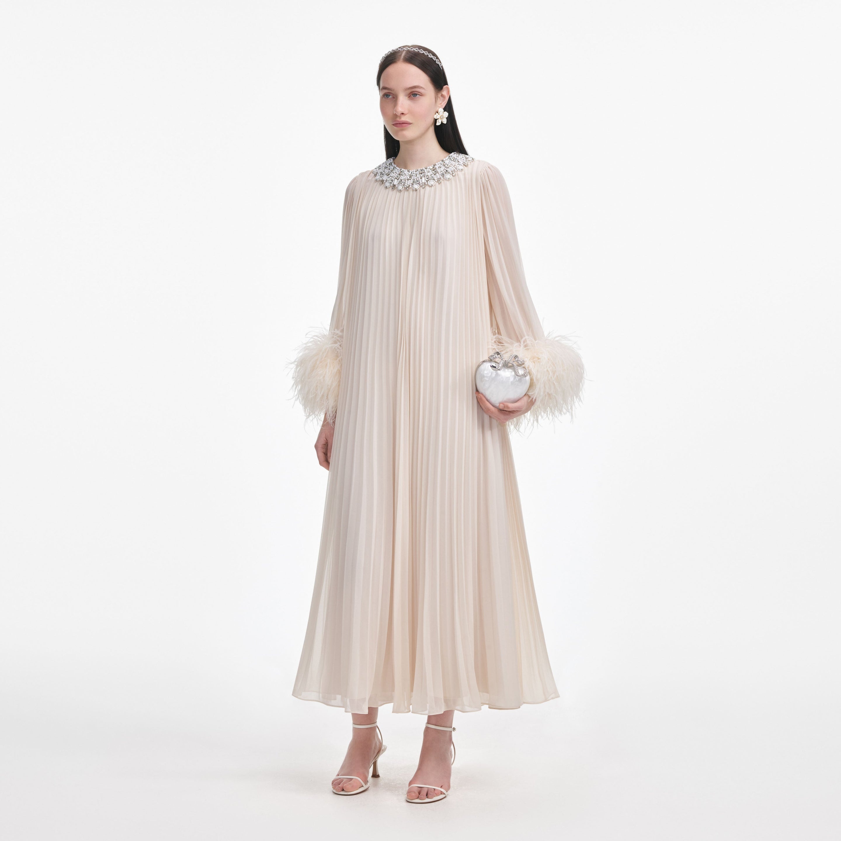 Cream Chiffon Feather Midi Dress - 2