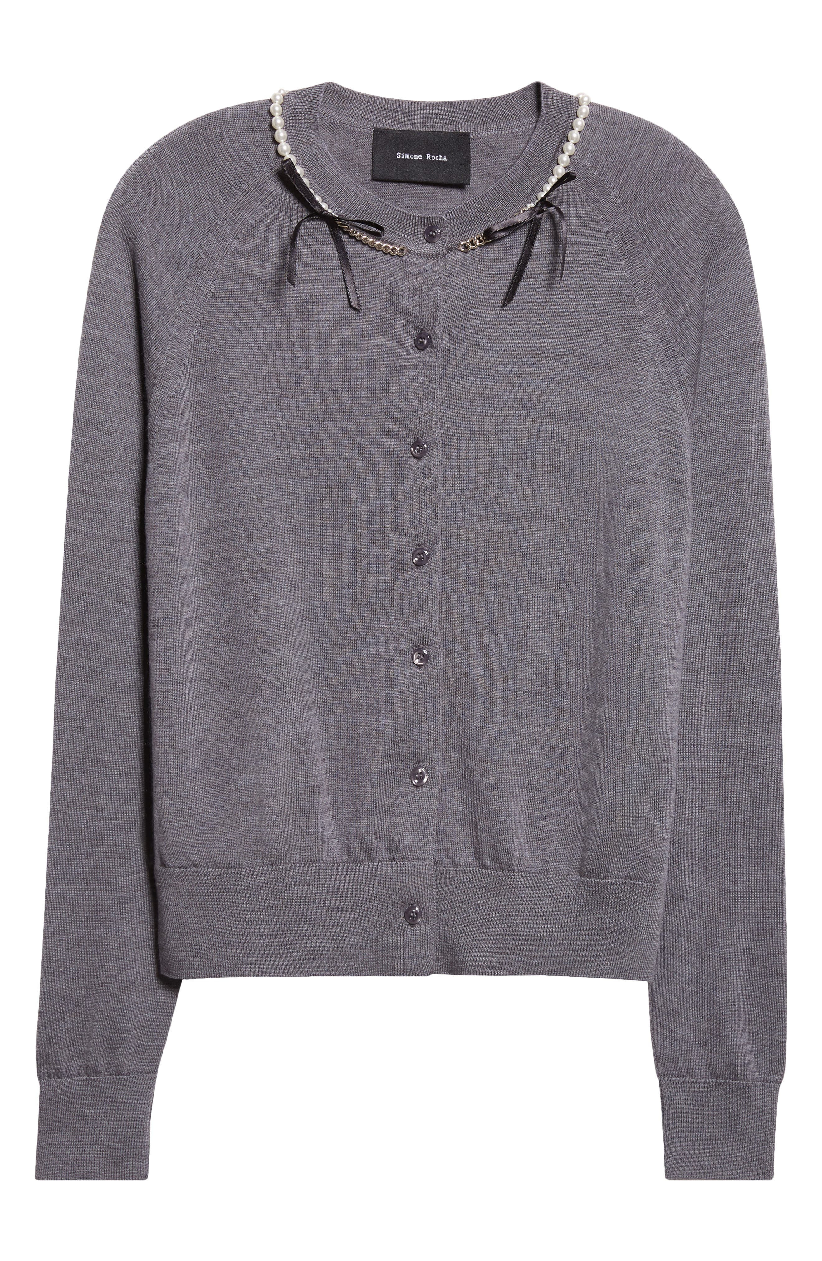 Simone Rocha Classic Long Sleeve Merino Wool & Silk Cardigan with Faux Pearl Detail in Charcoal/Pear - 6