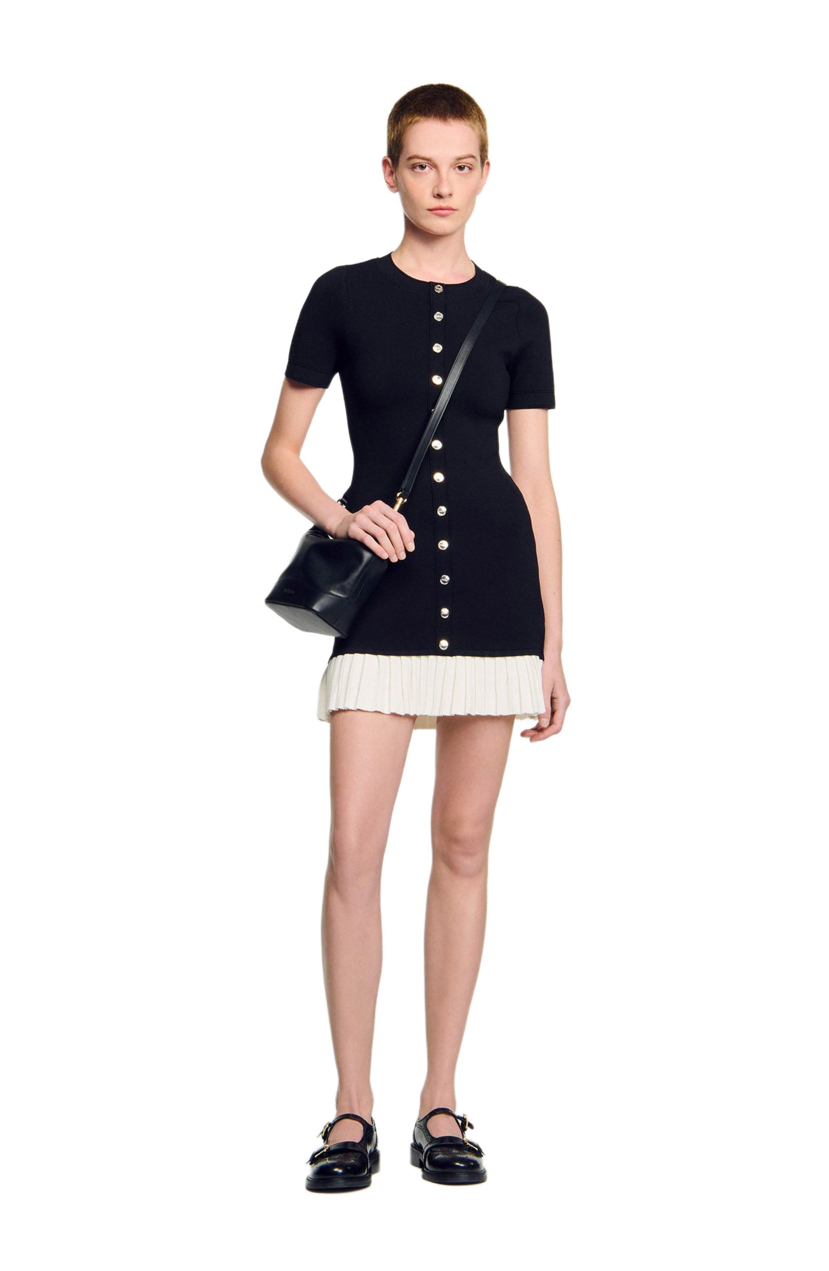 SANDRO Mini knit dress with ruffle in Black /Ecru at Nordstrom - 6