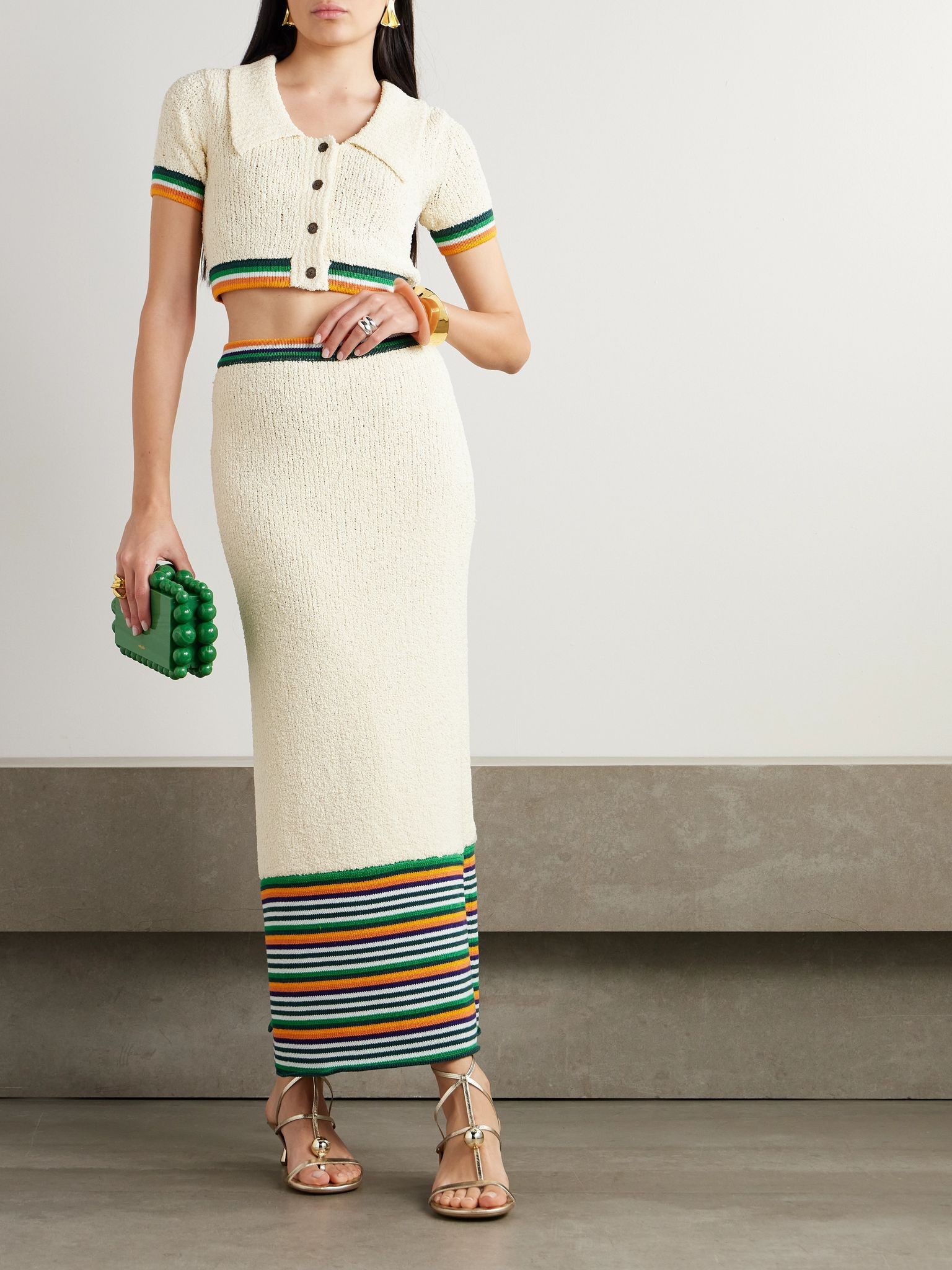 Striped cotton-blend bouclé midi skirt Off-white - 2
