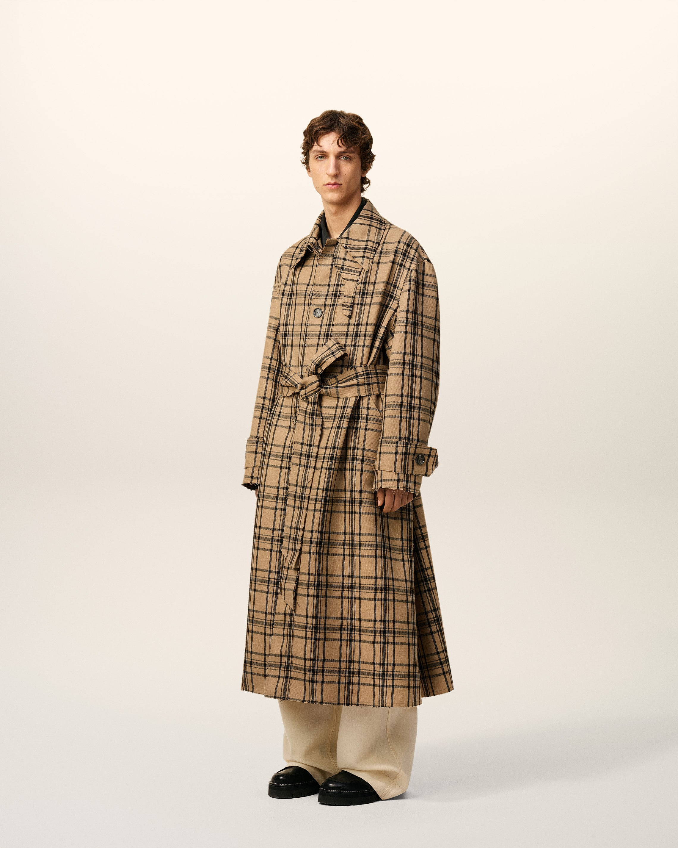 BROWN WOOL CHECKED BELTED MAC - 6