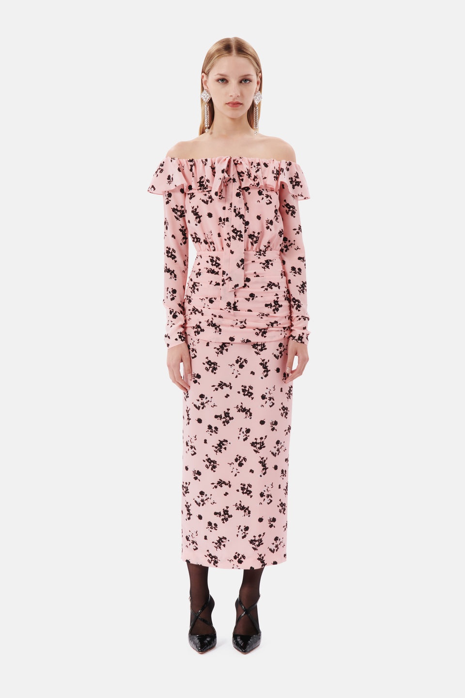 ROSE PRINT SILK OFF THE SHOULDER DRESS - 4