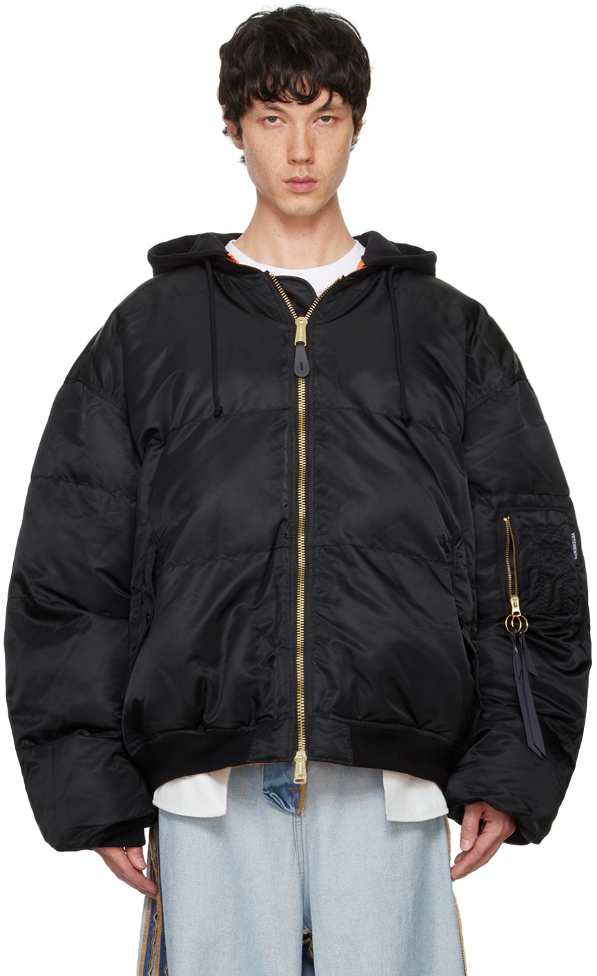 VETEMENTS Black Quilted Hooded Reversible Bomber Jacket VETEMENTS Black Quilted Hooded Reversible Bomber Jacket