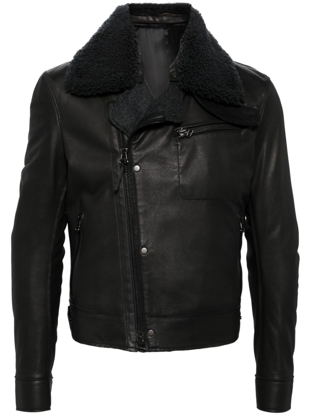 shearling-collar leather jacket - 1