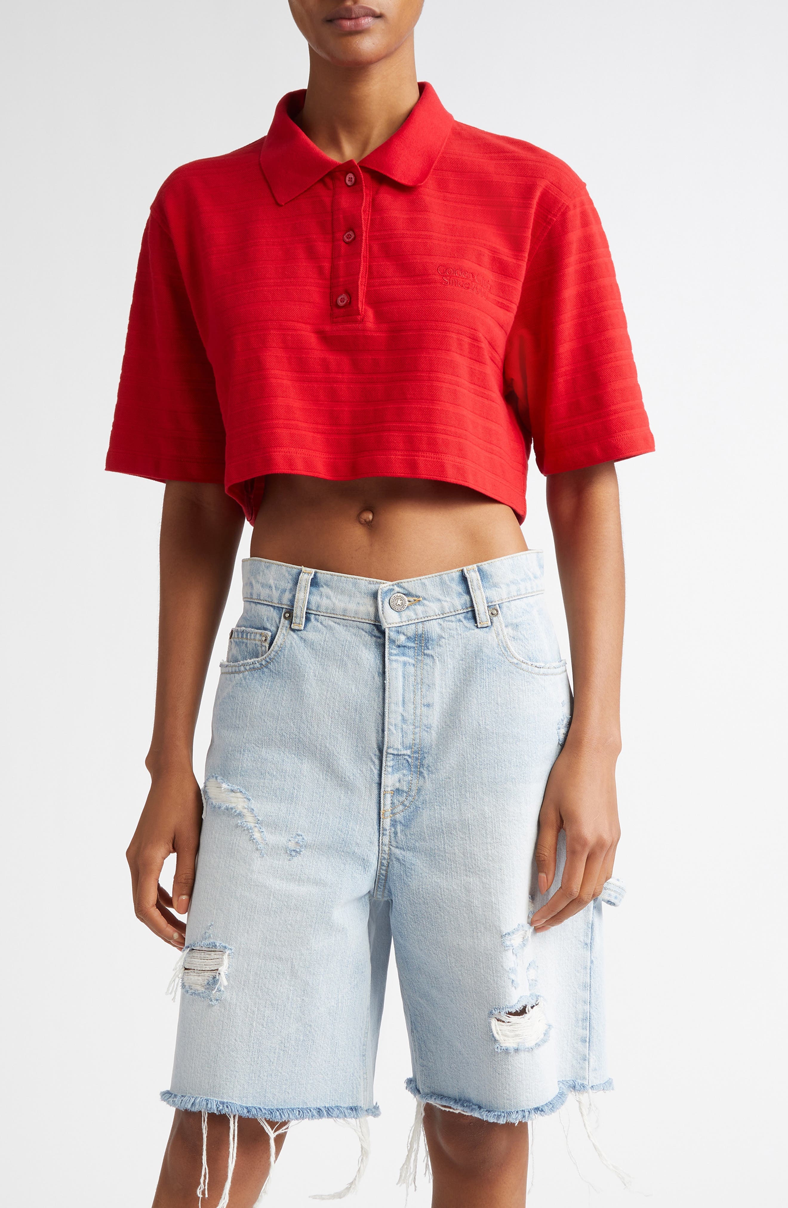 Golden Goose Textured Stripe Logo Embroidered Crop Polo in Haute Red at Nordstrom - 1