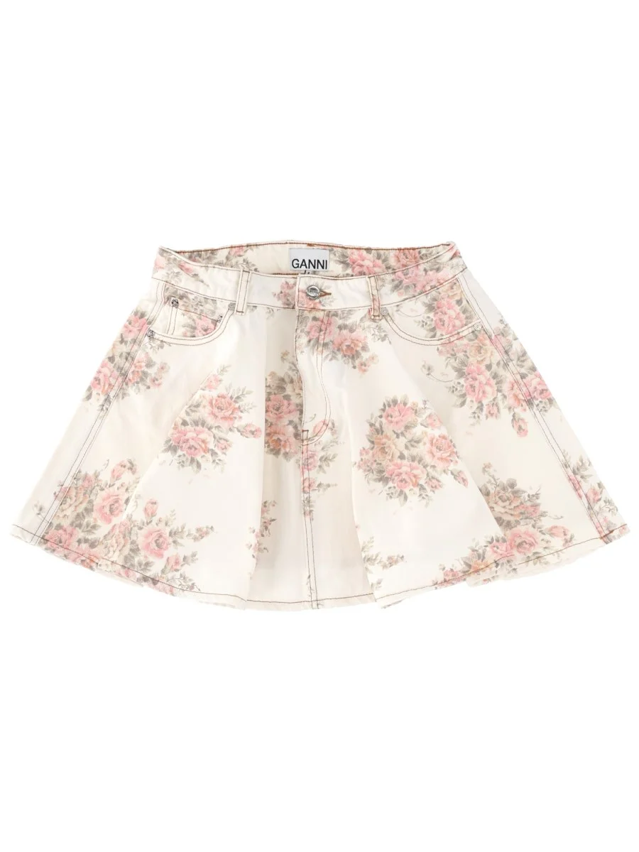 COTTON DENIM MINISKIRT WITH FLORAL PRINT - 1