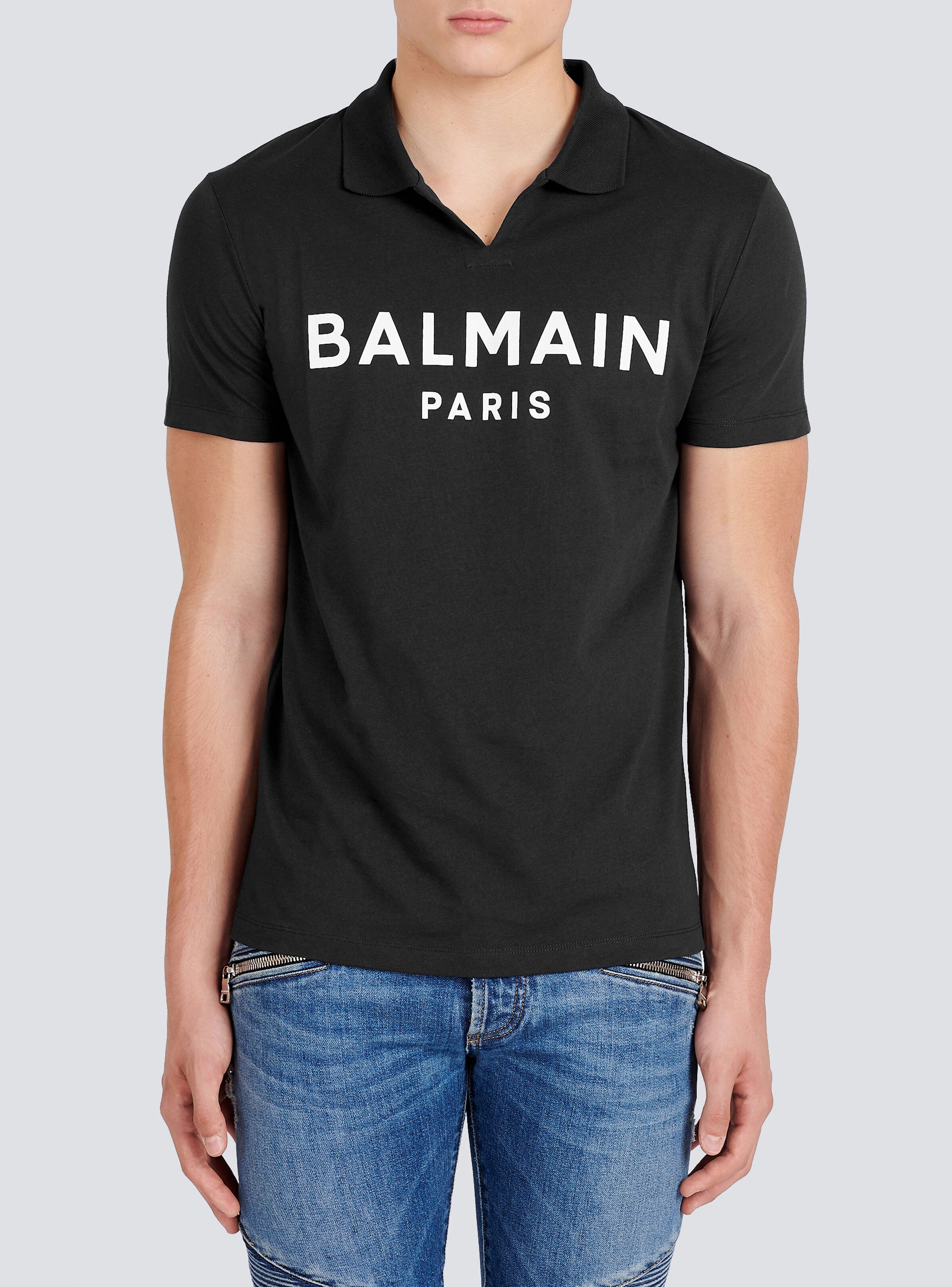 Cotton polo with black Balmain logo print - 6