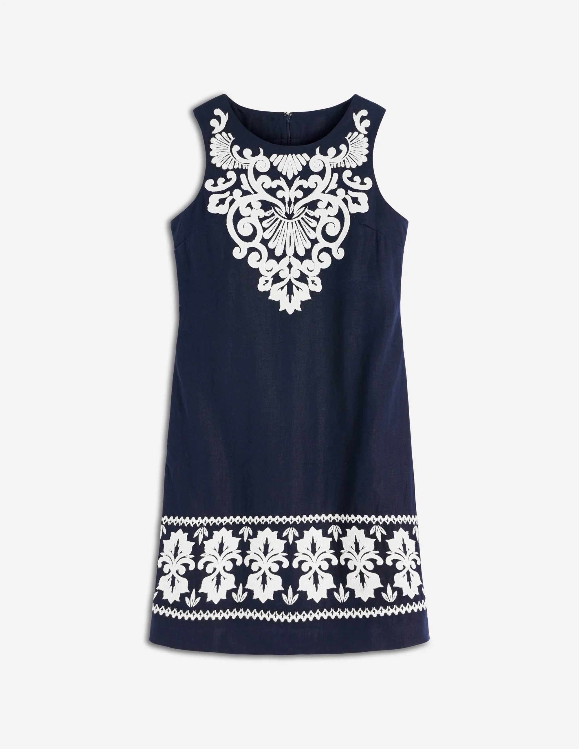 Linen Shift Dress-Navy Embrodiery - 1