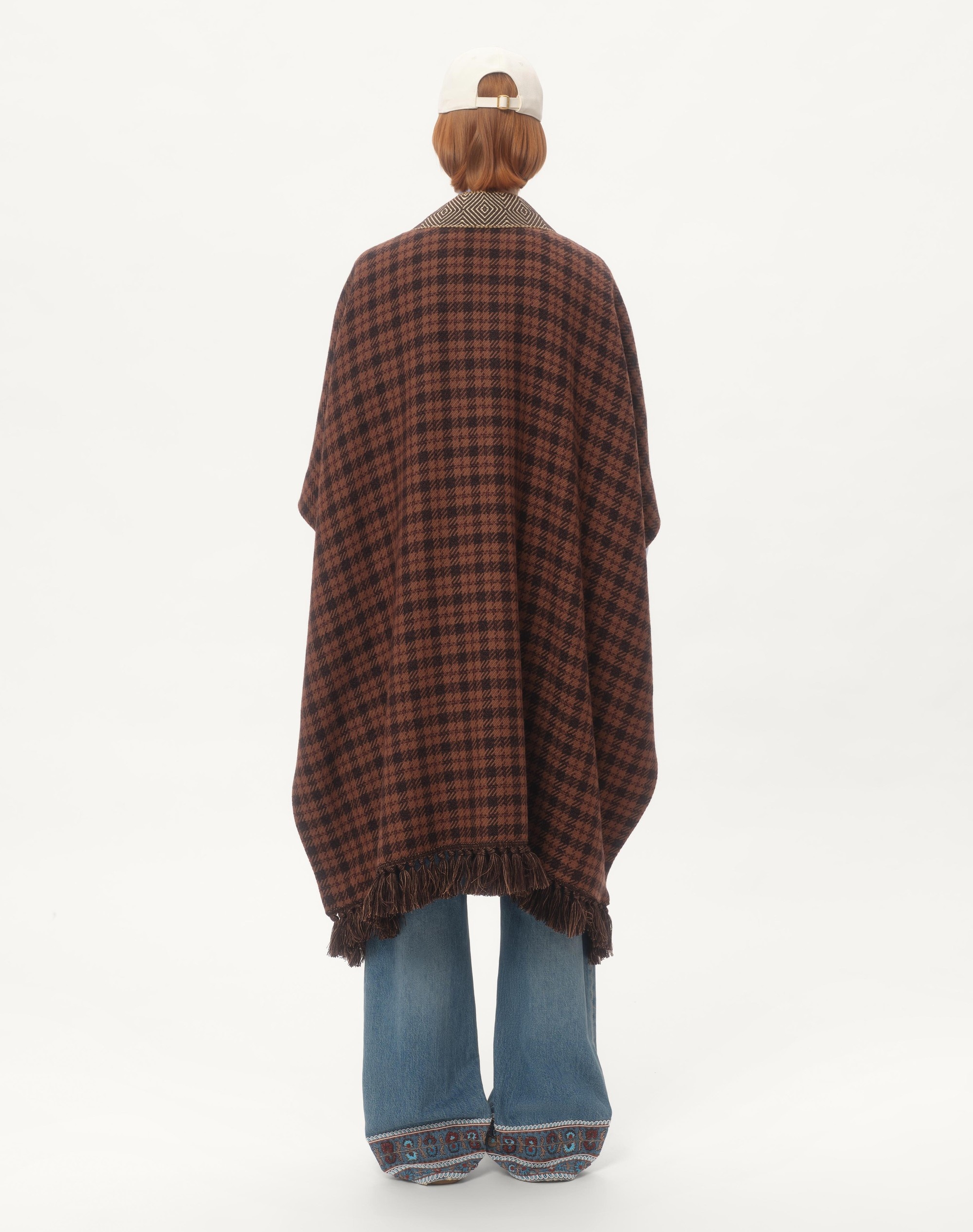 WOOL CAPE WITH JACQUARD TRIM AND TASSELS ON THE HEM - 8
