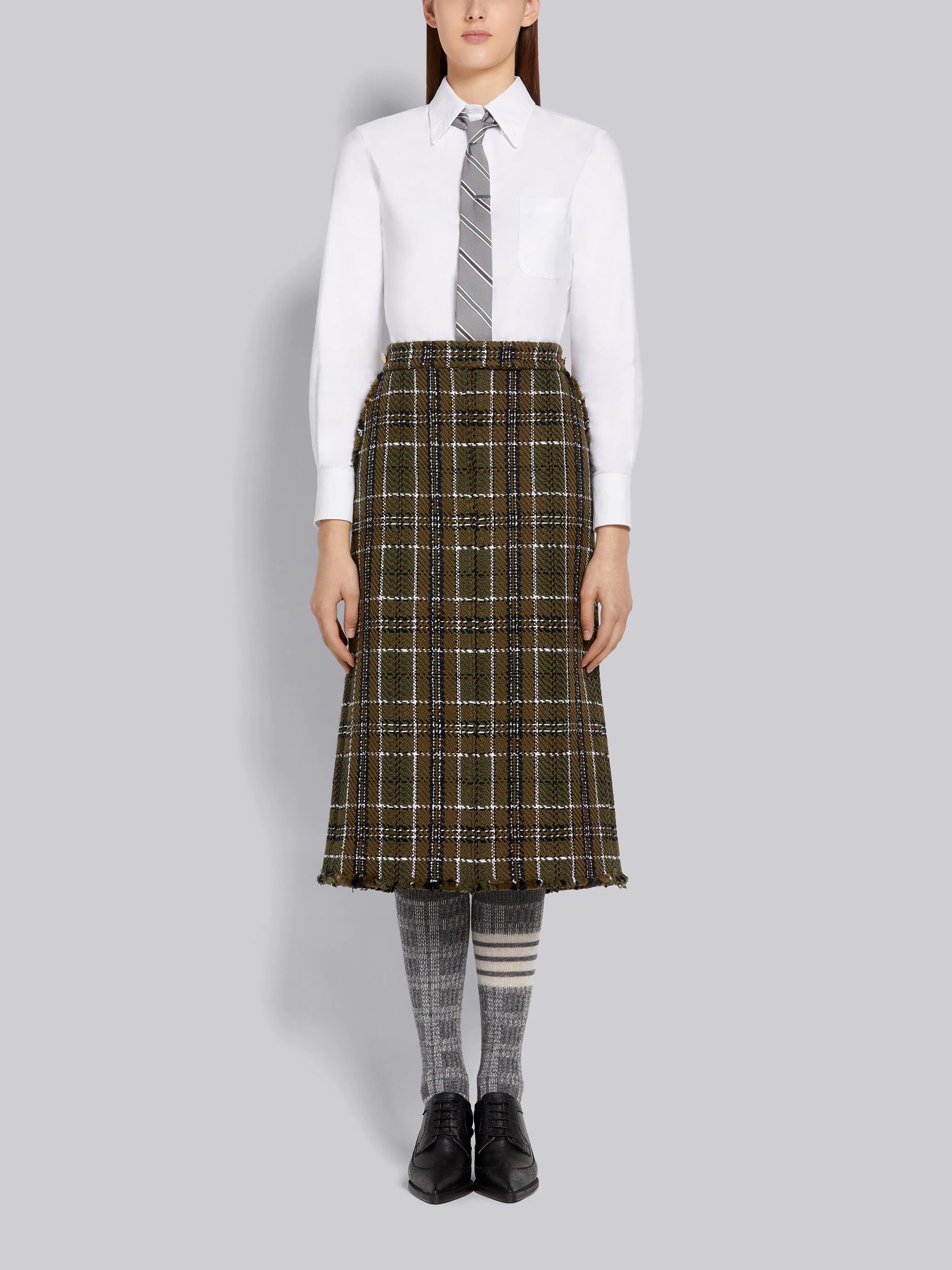 Dark Green Tartan Check Tweed Frayed Below-the-Knee Sack Skirt - 4