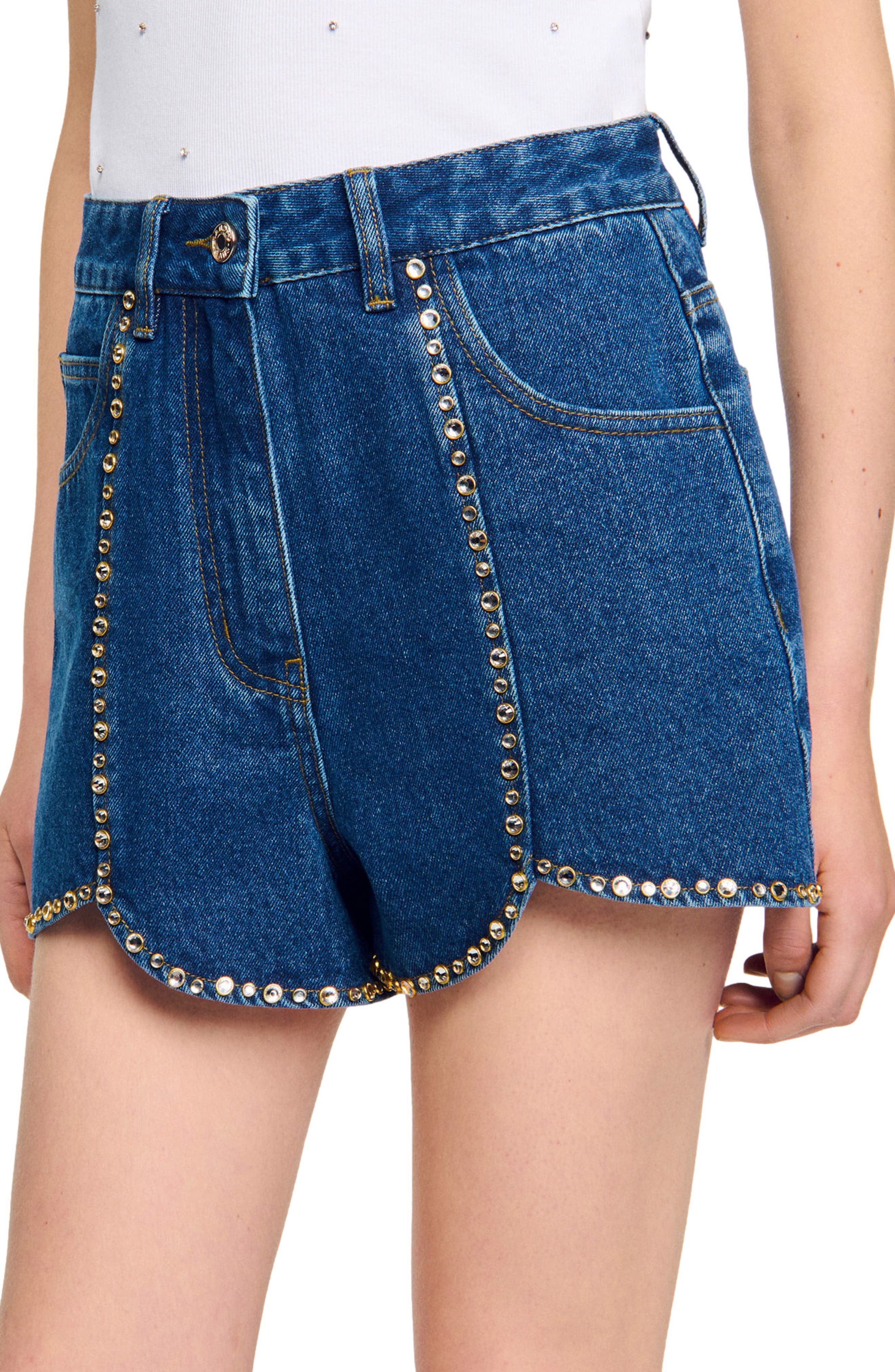 SANDRO Rhinestone denim shorts in Blue Jean at Nordstrom - 4