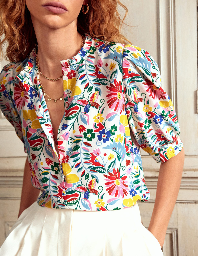 Frill Detail Silk Top-Multi, Wildflower Trail 3