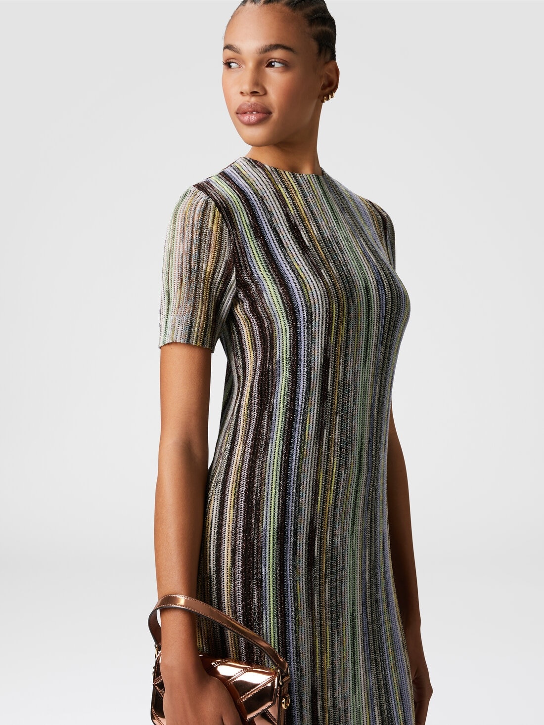 Short-sleeved mini-dress in striped lamé slub viscose - 4