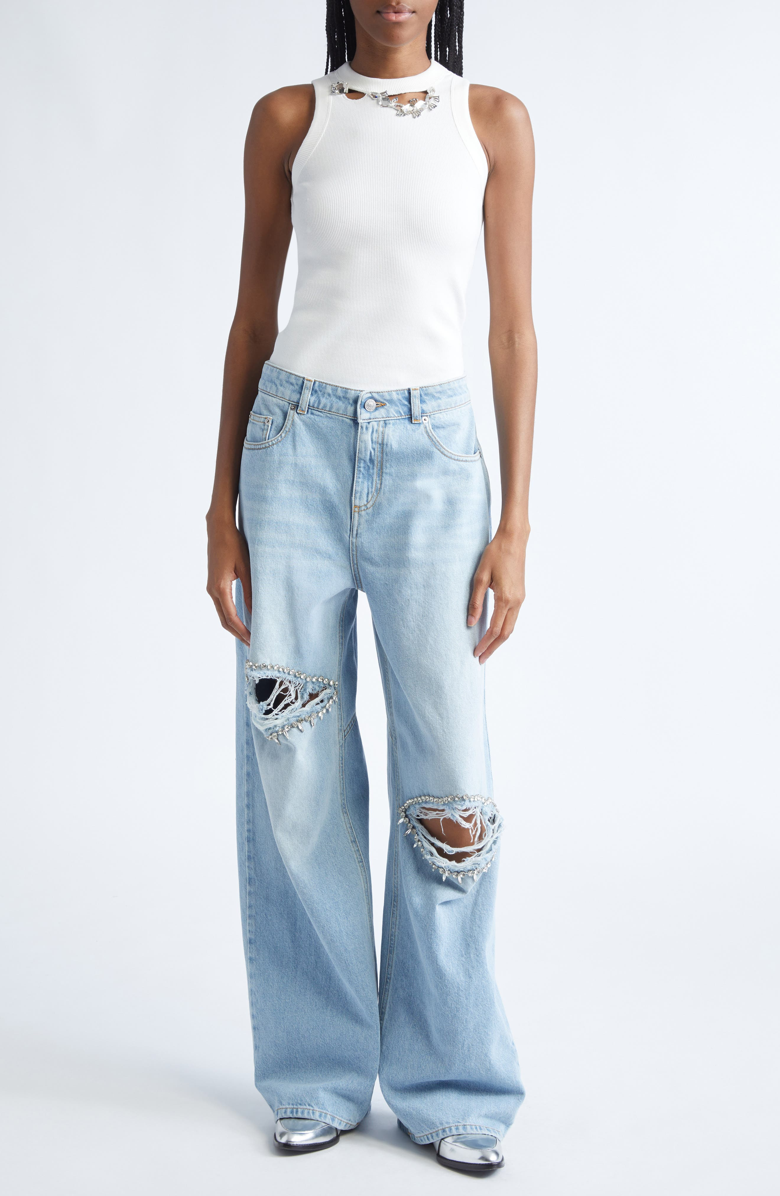 Area Distressed Crystal Rib Tank in Off White at Nordstrom - 2