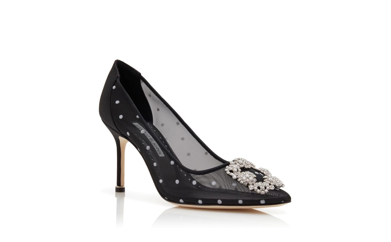Black and White Mesh Jewel Buckle Pumps - 3