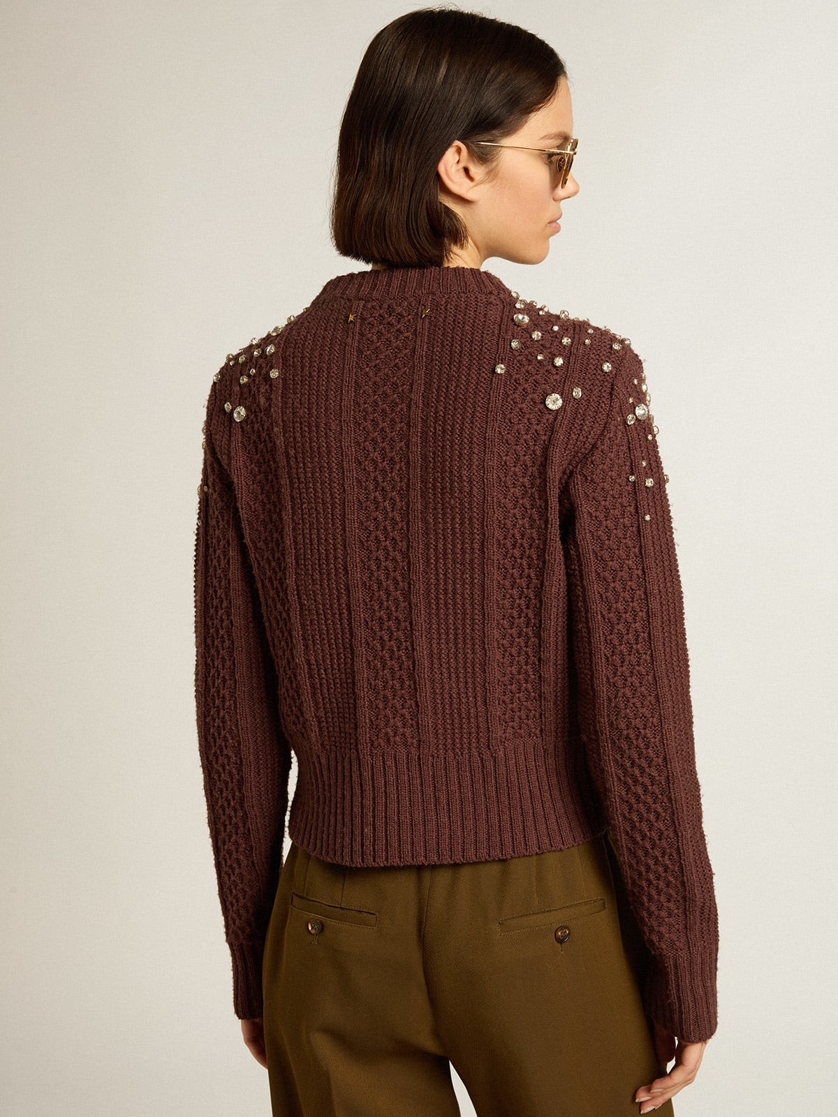 Cropped sweater in burgundy wool with crystals - 4