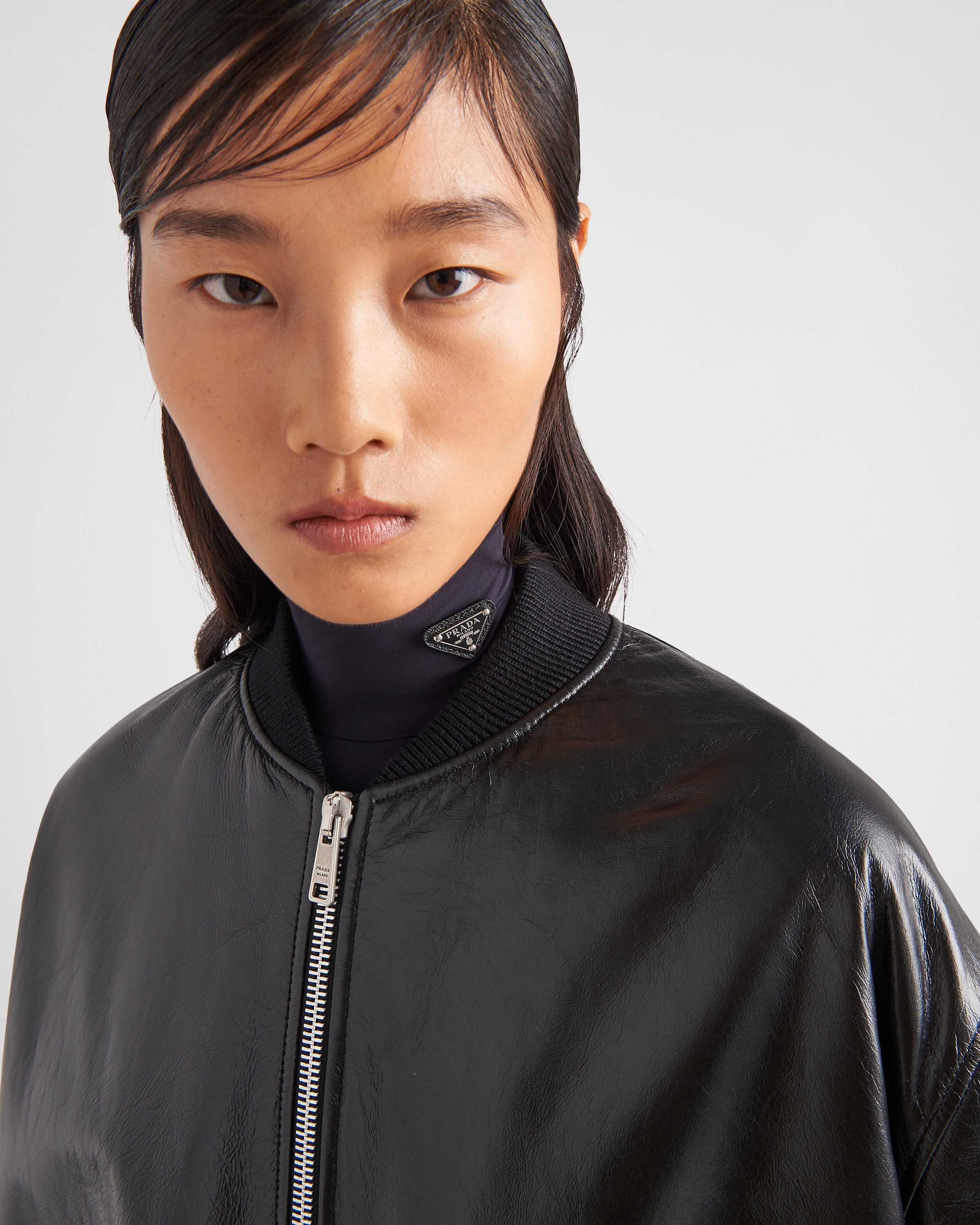 Reversible nappa leather and Re-Nylon bomber jacket