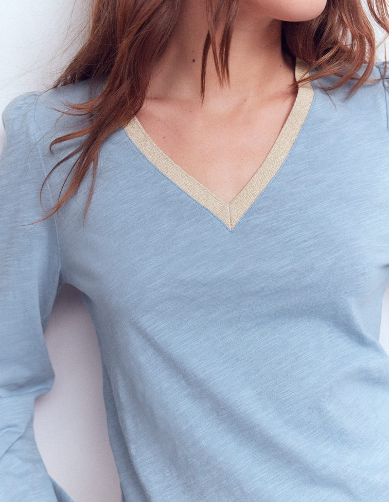 Metallic Trim V-neck Top-French Blue 3