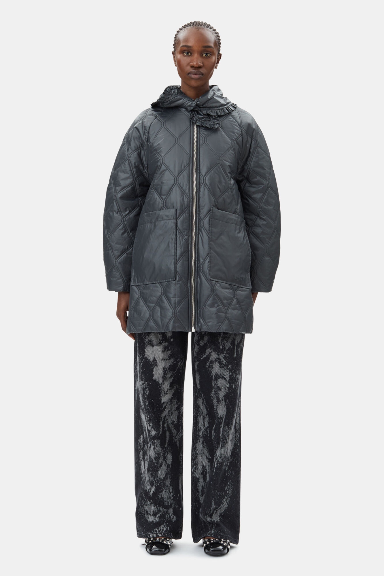 BLACK SHINY QUILT MIDI JACKET - 3