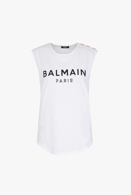 White eco-designed cotton T-shirt with flocked black Balmain logo - 1