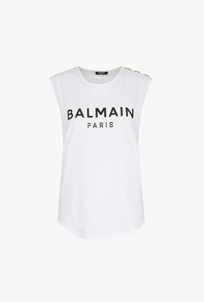White eco-designed cotton T-shirt with flocked black Balmain logo - 1