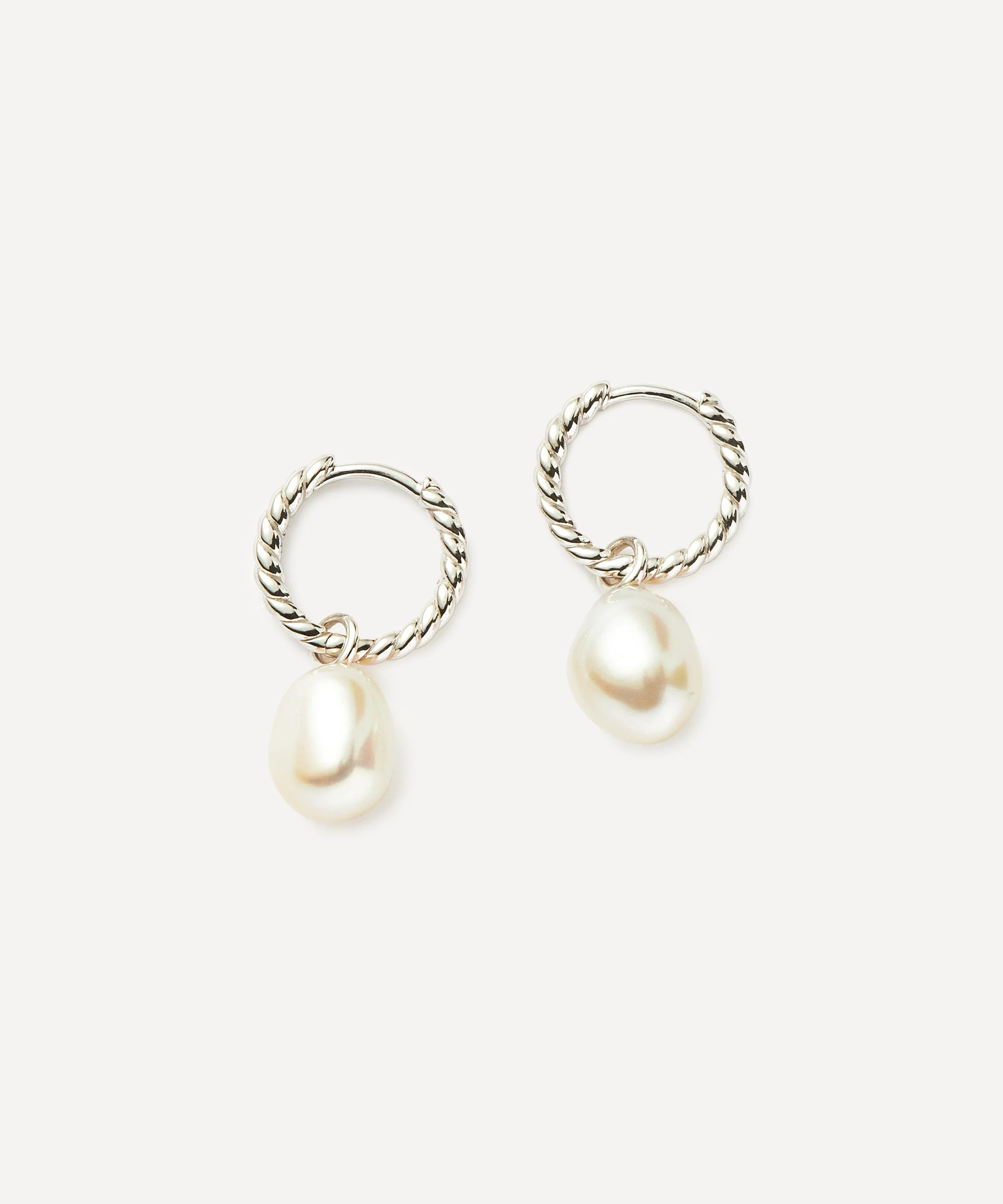 Sterling Silver Pearl Twisted Small Drop Hoop Earrings - 1
