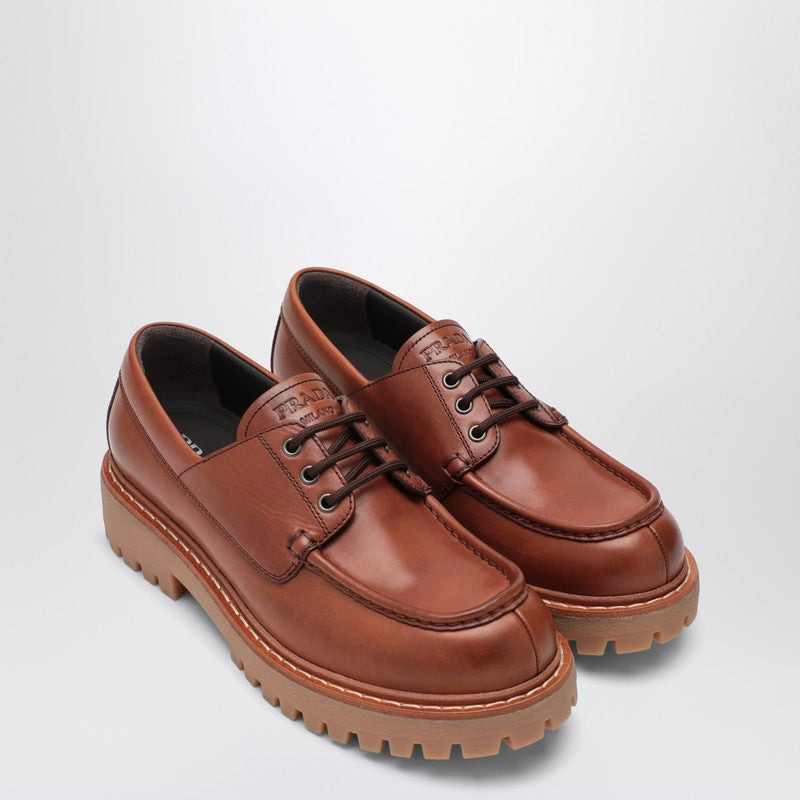 Prada Laced Moccasins In Cognac Leather Men - 1
